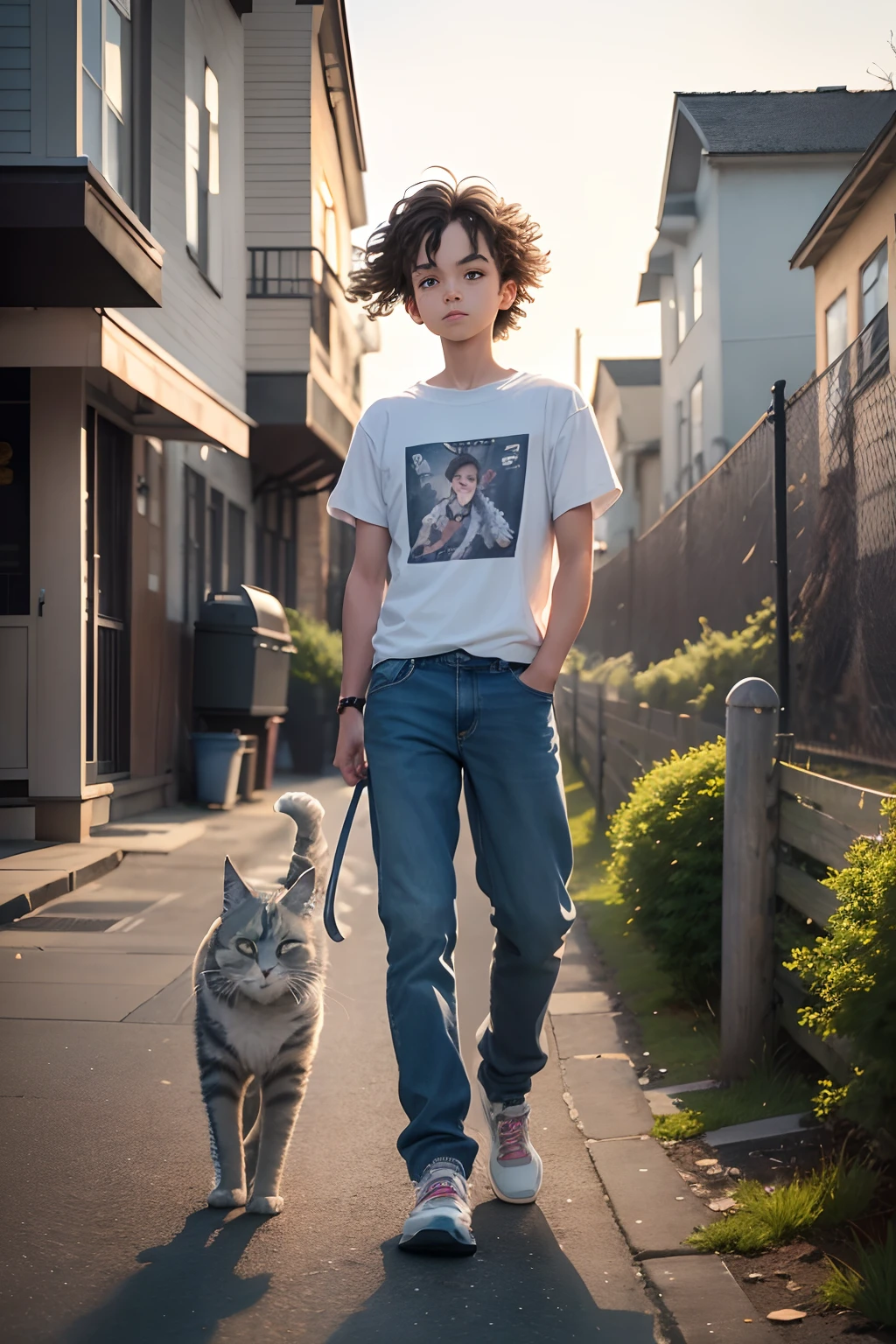 Best Quality, 超A high resolution, 12year old, One boy and a white puppy, White Jack Russell, Solo, Short black hair, Black eyes, Black shirt, Short denim pants innocent smiles Street, (Externally expanded Chest: 1.2) On a hill with a view Cityscape with beautiful sunset Red-collar puppies real looking skin Beautiful expression in mountains Wear an Aloha shirt Long pants in denim only on the right leg