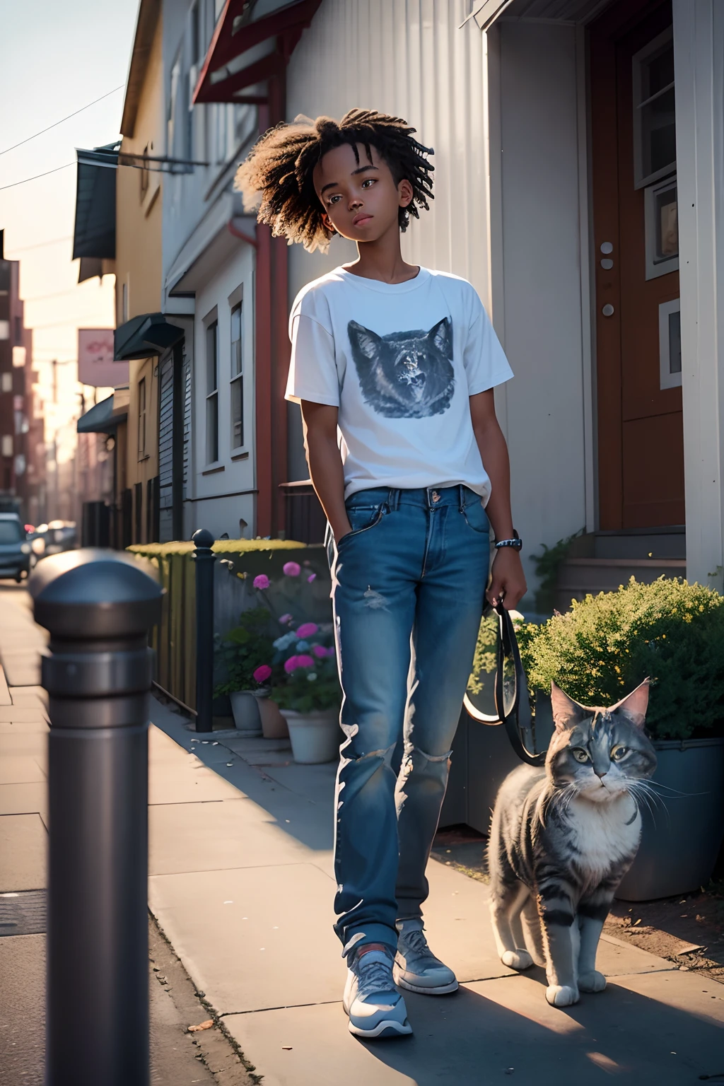 a grey Maine Coon cat walking on top of a white picket fence, medium shot, parallel to camera, small boy in blue jeans and tennis shoes and brown hair balancing on the fence behind cat, imitating cat, gritty city, dirty city, old school city dump in the back ground, illustration art style,24k resolution, photorealistic, hyperdetailed