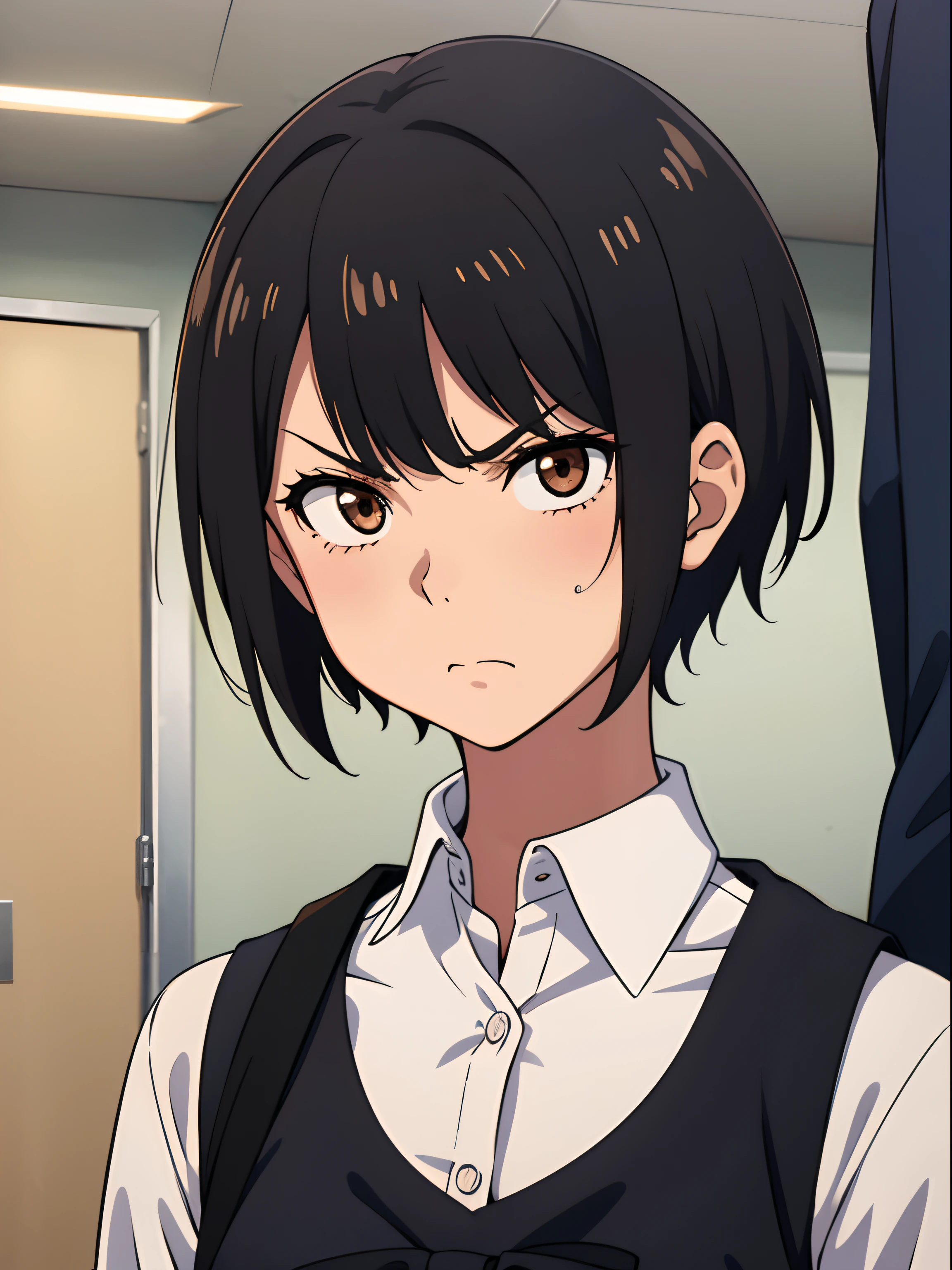 tomboy, small height, skinny, anorexic, pixie cut, black hair, schoolgirl, school uniform, light brown eyes, cute, in the school class, angry face, blushing