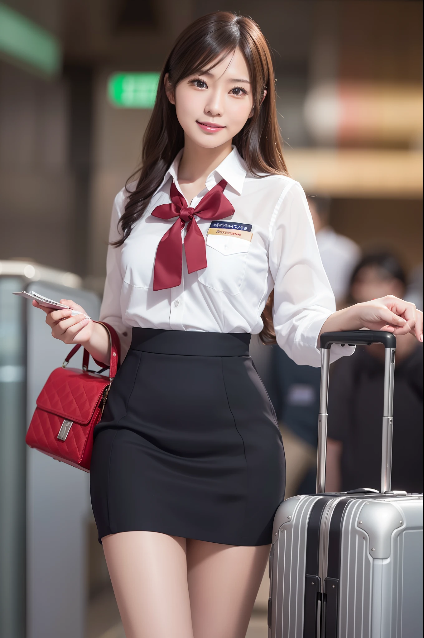 ((photographrealistic)), (realistic), (best quality), (masutepiece), (ultra high definition), ray tracing, ((one Japanese female flight attendant)), ((singapore airline)), (carrying a suitcase), high definition face, high definition finger, high definition costume, closed mouth, smile, upper body, long shot, airport