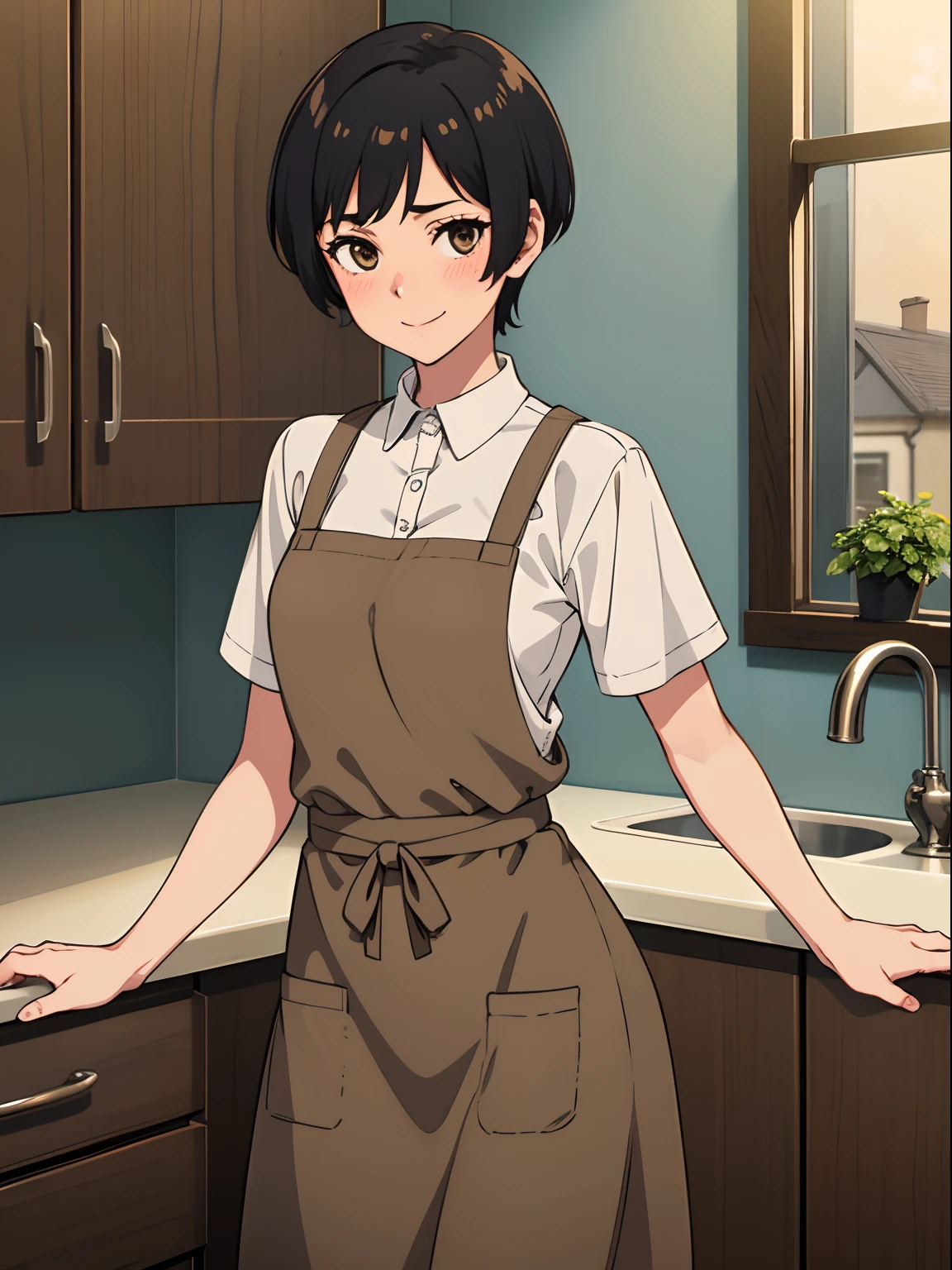 tomboy, small height, skinny, anorexic, pixie cut, black hair, light brown eyes, cute, in the kitchen, cute smile, blushing, mature woman, housewife, apron