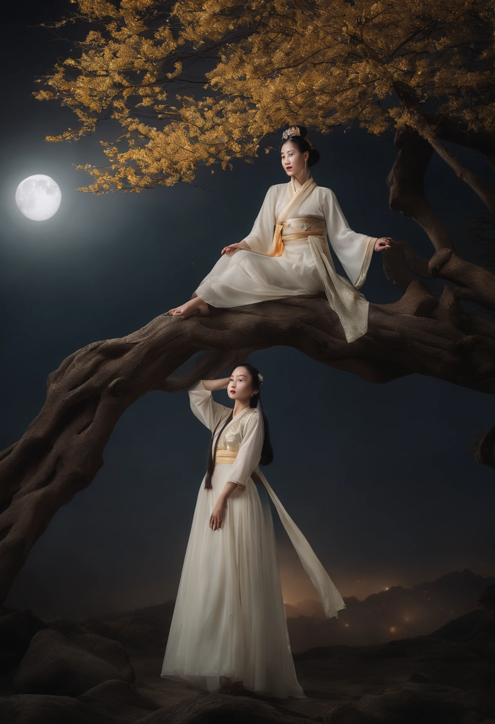 tmasterpiece,超高分辨率,Photorealistic photos,the night,Full body portrait of a Chinese fairy,Delicate face,Delicate hair accessories,Barefoot,Float in the air,Look up at the perspective,Huge palace,The Milky Way and the Giant Moon,Gauze skirt Hanfu,an osmanthus tree,Osmanthus flutters,