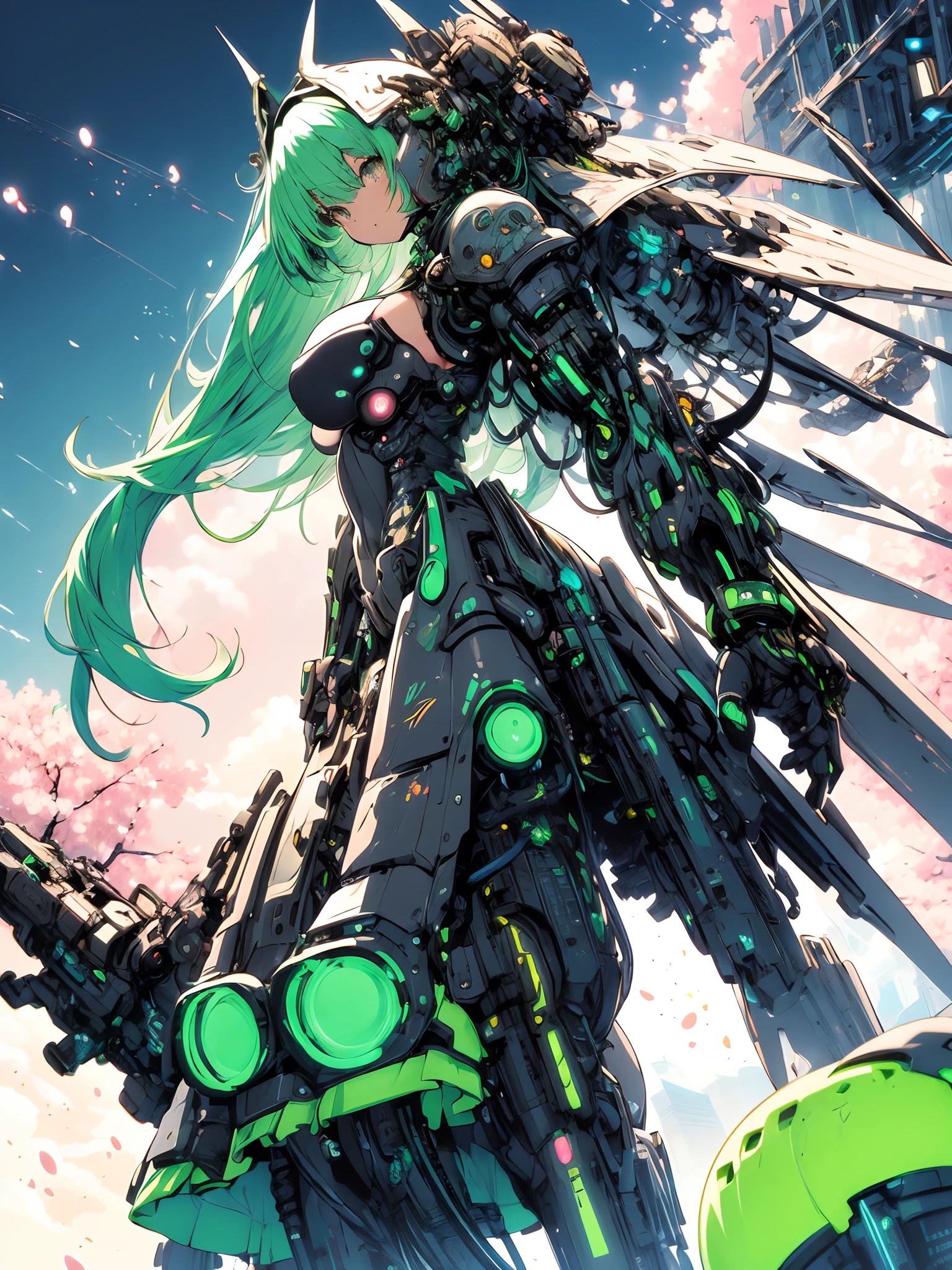 The most beautiful and sexy mecha warrior girl, neon green hair, yellow eyes, wearing a highly detailed futuristic hooded mecha battle armor, mechanical angel wings, huge enormously gigantic tits, cleavage showing, tons of tattoos and piercings, in hyper futuristic city metropolis, cherry blossoms blowing in the wind, highly detailed background, absurdres, highres, ultra detailed, (cute illustration:1.5), (cute,kawaii,sweet:1.2),
(1girl:1.4), bodysuit, cyborg girl,
hyper gigantic mechanical hands,dynamic pose, 
nice hands, perfect hands, incredibly cinematic, best quality, best resolution