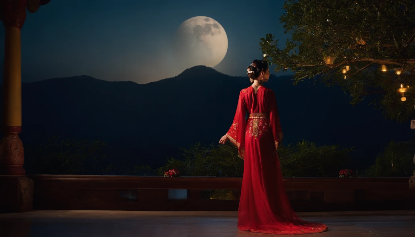 tmasterpiece，ultrahigh-resolution，fotos fotorrealistas，a noite，Retrato de corpo inteiro de uma fada chinesa，rosto delicado，Delicate hair accessories，barefoot，Flutuar no ar，Olhe para a perspectiva，Huge palace，The Milky Way and the Giant Moon，Saia de gaze Hanfu，An Osmanthus tree，Osmanthus tremula，