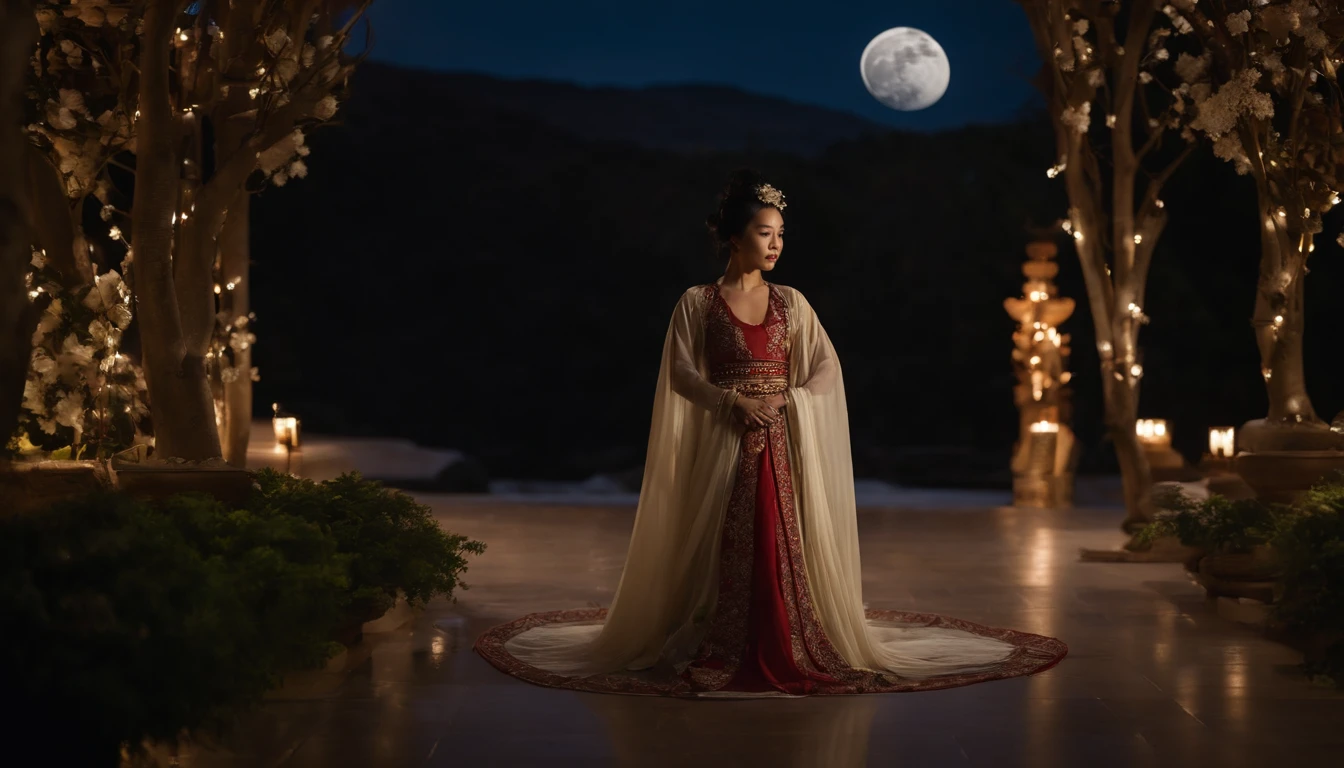 tmasterpiece,ultrahigh-resolution,fotos fotorrealistas,a noite,Retrato de corpo inteiro de uma fada chinesa,rosto delicado,Delicate hair accessories,barefoot,Flutuar no ar,Olhe para a perspectiva,Huge palace,The Milky Way and the Giant Moon,Saia de gaze Hanfu,An Osmanthus tree,Osmanthus tremula,