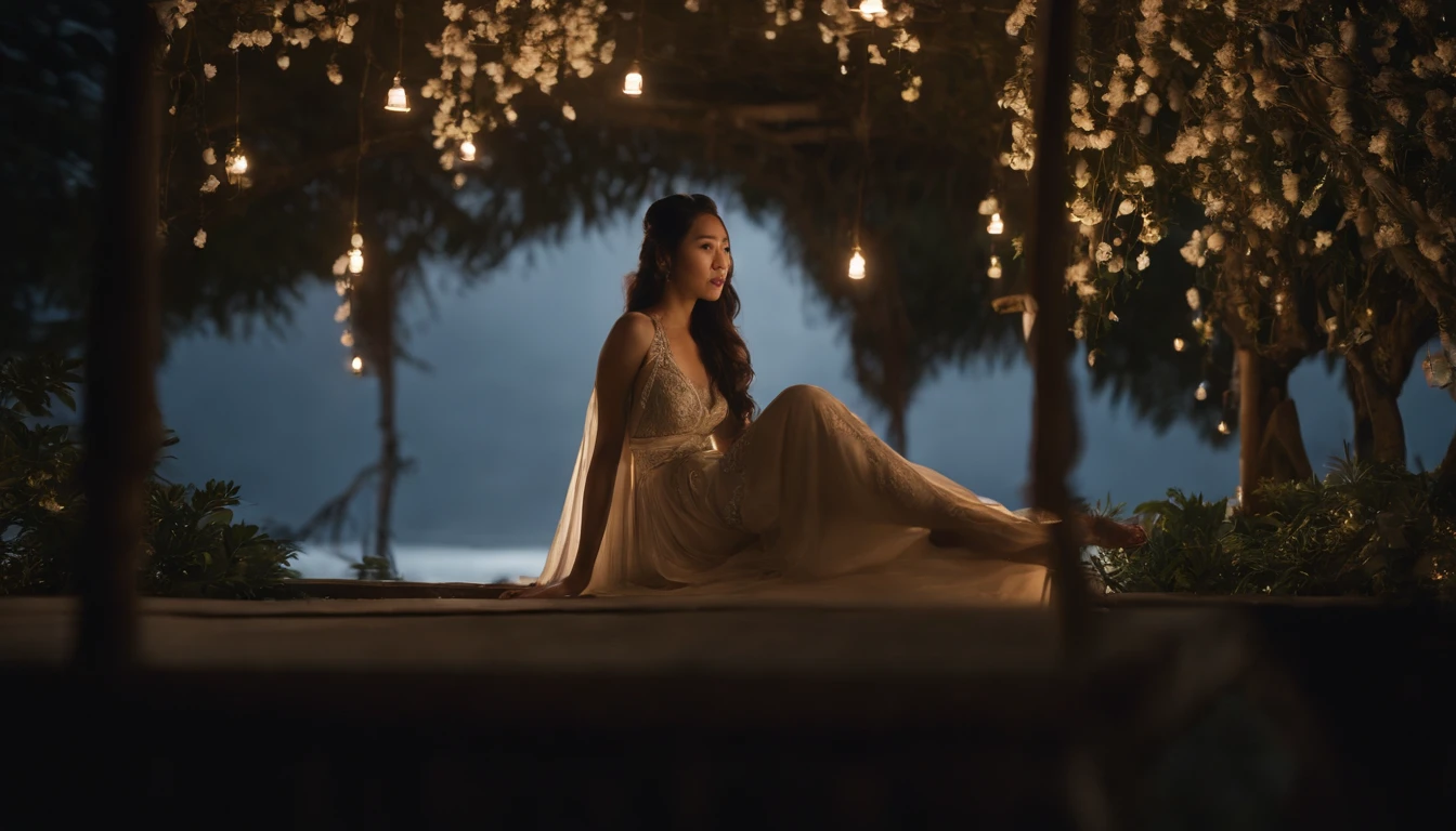 tmasterpiece,ultrahigh-resolution,fotos fotorrealistas,a noite,Retrato de corpo inteiro de uma fada chinesa,rosto delicado,Delicate hair accessories,barefoot,Flutuar no ar,Olhe para a perspectiva,Huge palace,The Milky Way and the Giant Moon,Saia de gaze Hanfu,An Osmanthus tree,Osmanthus tremula,