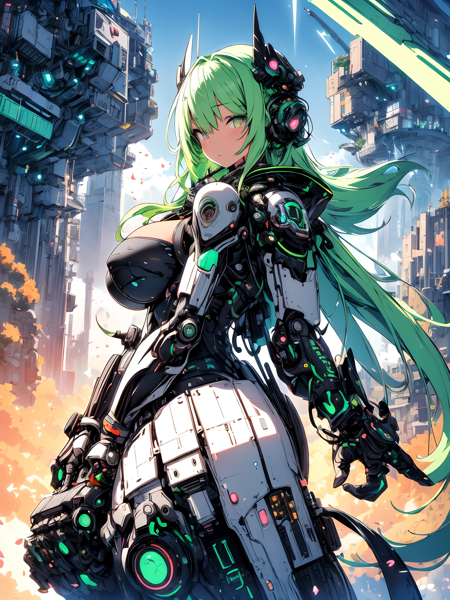 The most beautiful and sexy mecha warrior girl, neon green hair, yellow eyes, wearing a highly detailed futuristic hooded mecha battle armor, mechanical angel wings, huge enormously gigantic tits, cleavage showing, tons of tattoos and piercings, in hyper futuristic city metropolis, cherry blossoms blowing in the wind, highly detailed background, absurdres, highres, ultra detailed, (cute illustration:1.5), (cute,kawaii,sweet:1.2),
(1girl:1.4), bodysuit, cyborg girl,
hyper gigantic mechanical hands,dynamic pose,
nice hands, perfect hands, incredibly cinematic, best quality, best resolution
