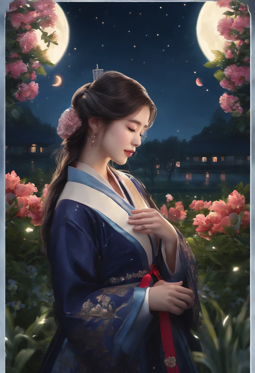 best quality, high_resolution, distinct_image, detailed background ,girl, hanbok,flower,garden,moon, night,dutch angle, wide shot, crown,