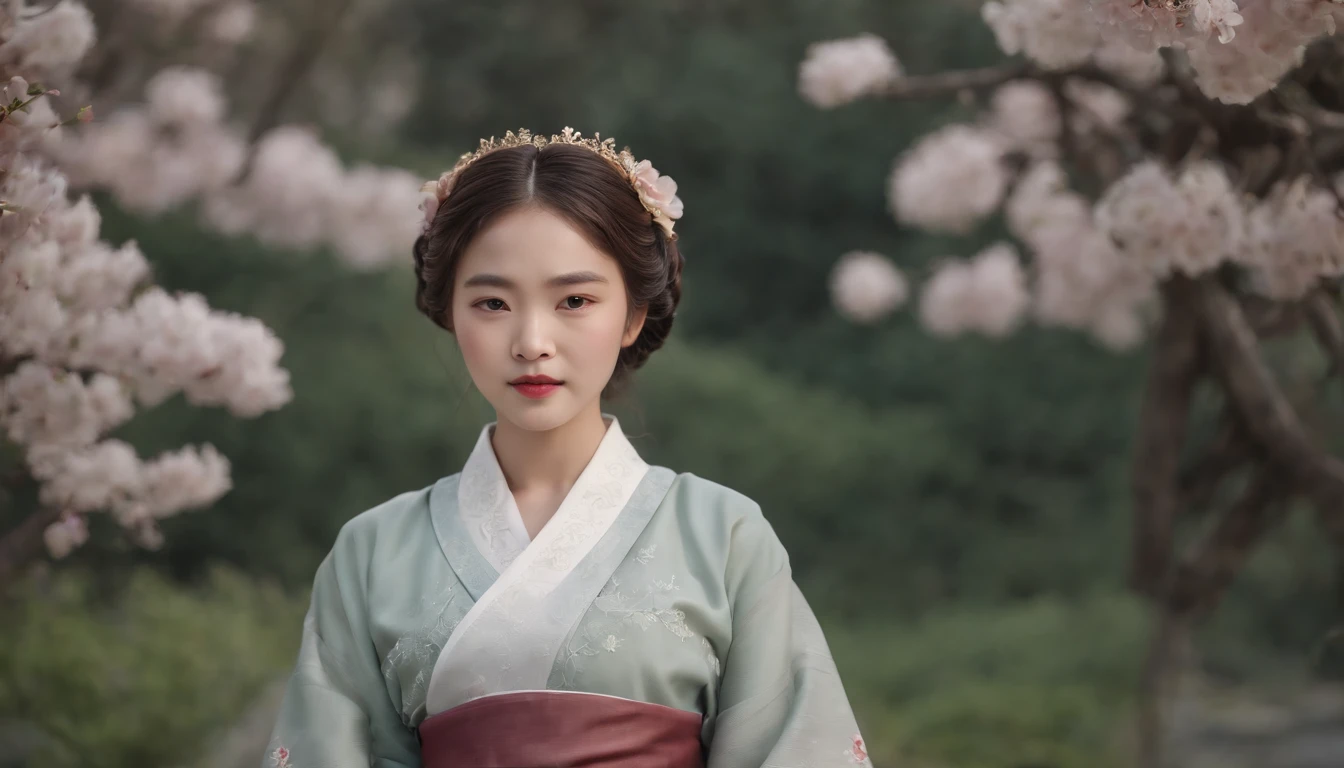 best quality, high_resolution, distinct_image, detailed background ,girl, hanbok,flower,garden,moon, night,dutch angle, wide shot, crown,