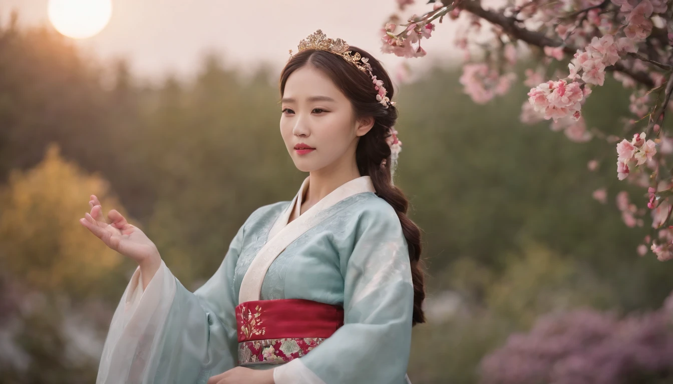 best quality, high_resolution, distinct_image, detailed background ,girl, hanbok,flower,garden,moon, night,dutch angle, wide shot, crown,