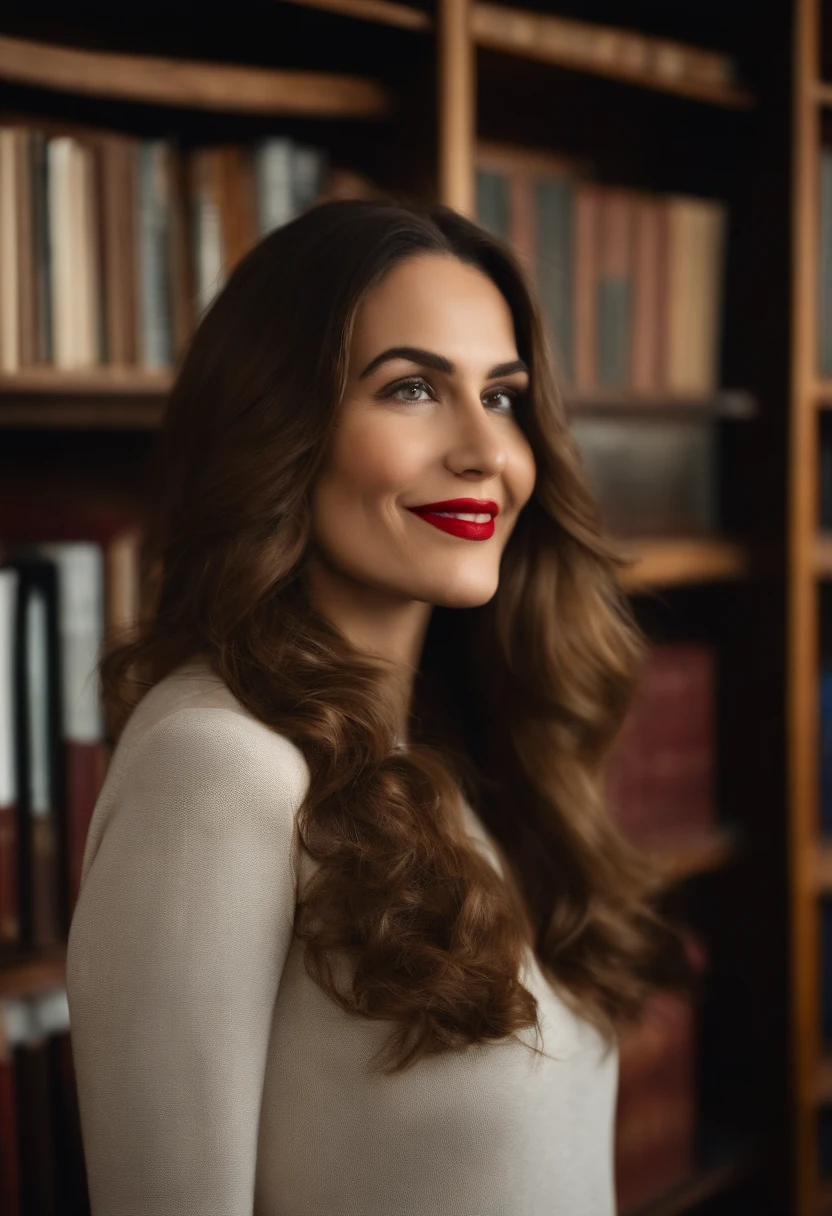 Smiling woman with long hair and black turtleneck sweater in front of bookshelf, imagem de perfil, Retrato Sabrina Lloyd, foto de perfil headshot, Alexandra Waliszewska, cheeky smile with red lips, Laure Lipton, foto do perfil, full - rosto close - retrato para cima, Magalie Villeneuve, foto de perfil profissional, retrato de rosto completo, staring directly at camera