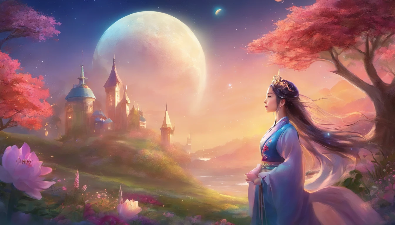 best quality, high_resolution, distinct_image, detailed background ,girl, hanbok,flower,garden,moon, night,dutch angle, wide shot, crown,