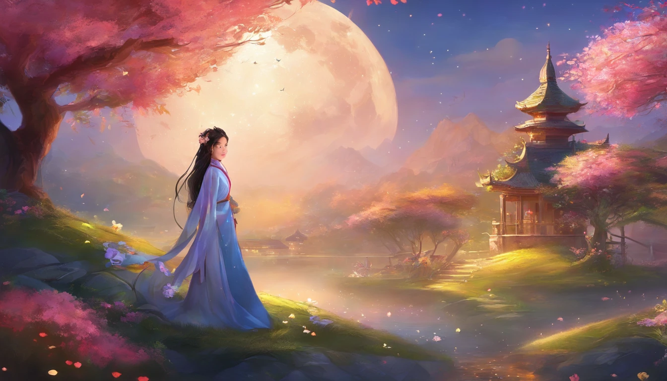 best quality, high_resolution, distinct_image, detailed background ,girl, hanbok,flower,garden,moon, night,dutch angle, wide shot, crown,