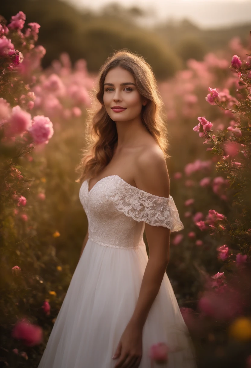 best quality, master part, Ultra high resolution (fotorrealista: 1.4), Foto RAW, 1 girl, vestido branco, bareshoulders, Campo de flores cor-de-rosa em flor, pele brilhante, leve sorriso