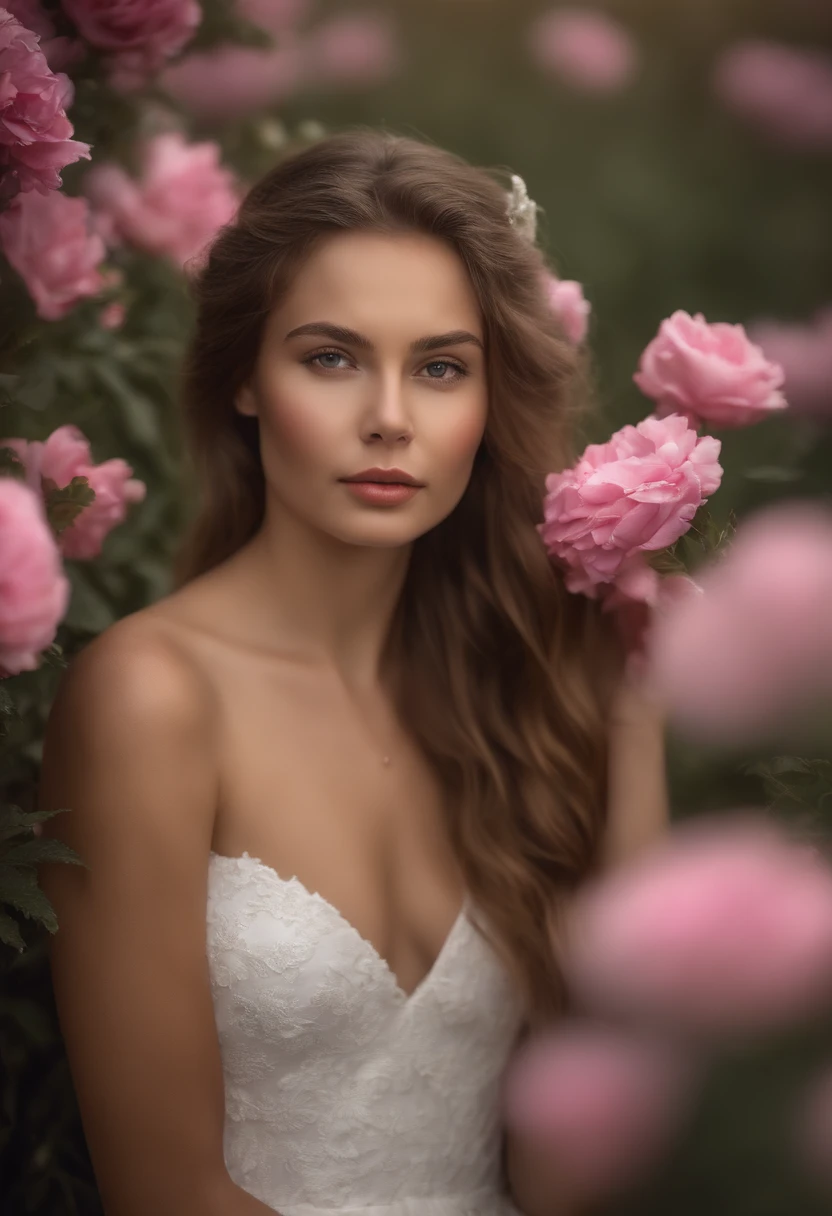 best quality, master part, Ultra high resolution (fotorrealista: 1.4), Foto RAW, 1 girl, vestido branco, bareshoulders, Campo de flores cor-de-rosa em flor, pele brilhante, leve sorriso