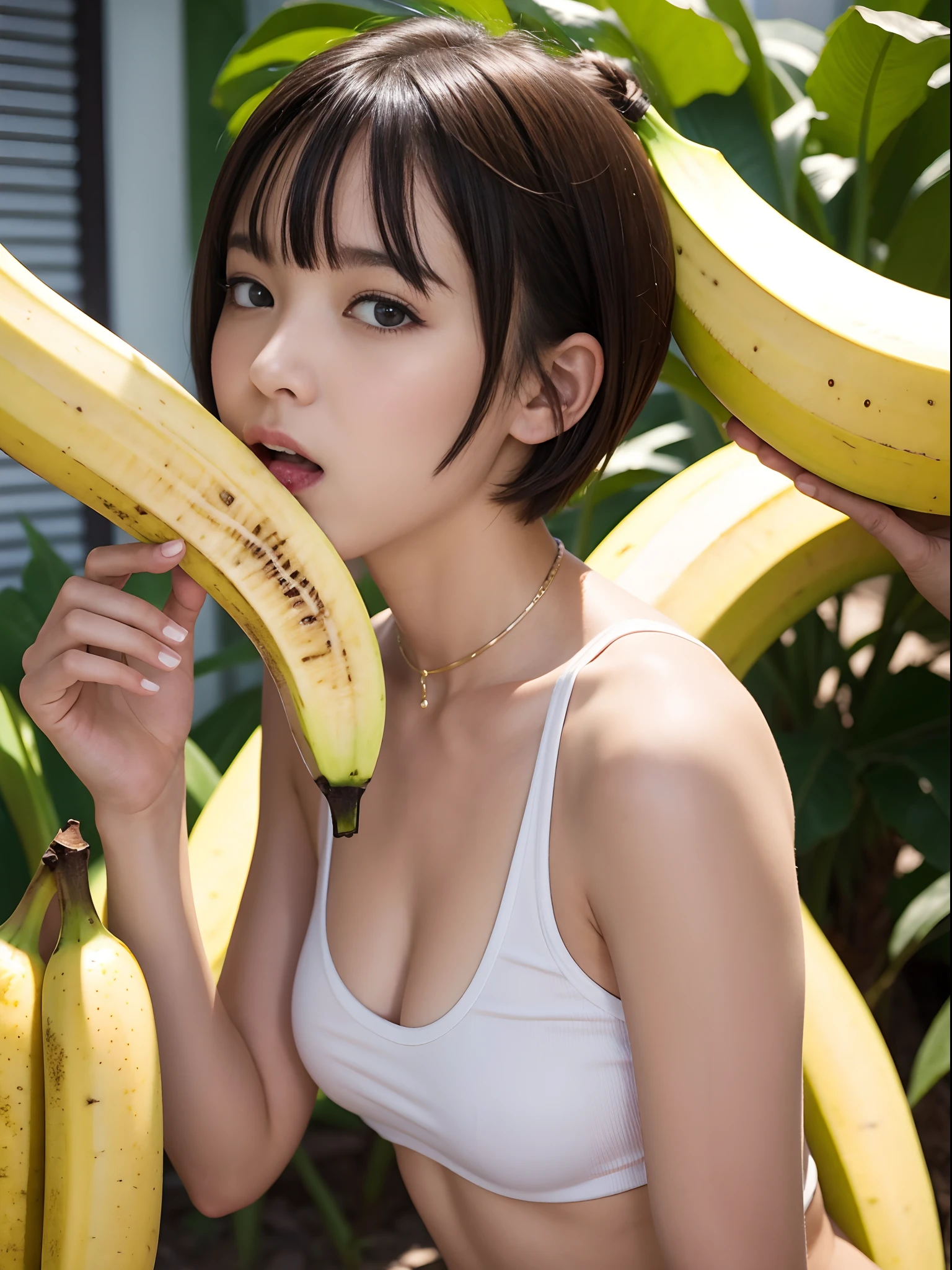 1girl, solo, anime girl in orange top, licking a banana, brown hair, brown eyes, masterpiece, best quality, realistic, hyper-detailed, shiny skin, sweaty, slender, small breasts, , sfw, ecchi, sensual, shoulders showing, dynamic lighting, high resolution, sharp focus, depth of field