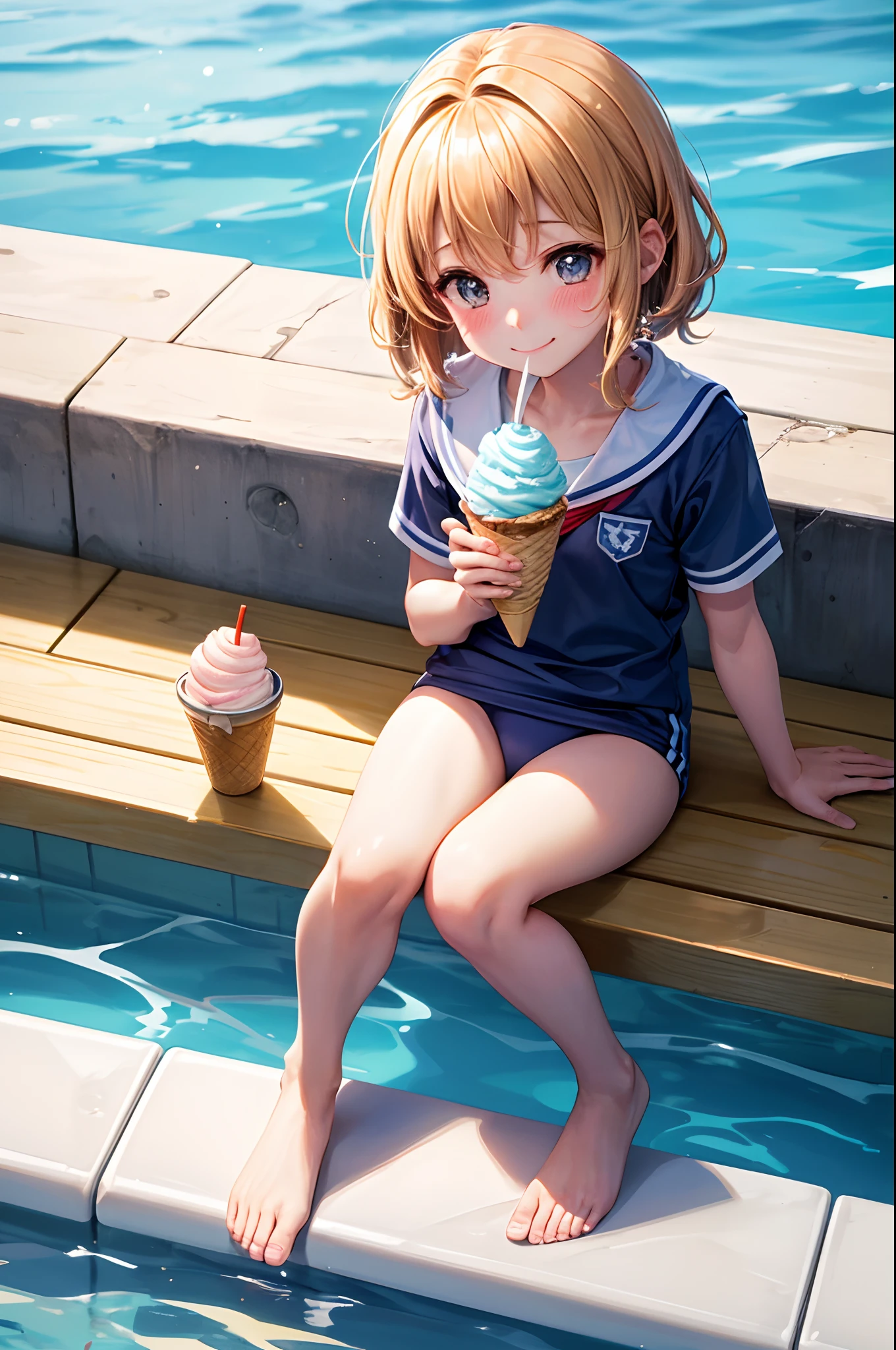 Best Quality, School swim wear,School swim wear、Swim、Very cute、A smile、bobhair、Golden head hair、Municipal swimming pool、I want to blush、Staring at this,、winc、Ride the water slides、Sit on a float、Ice cream eating、