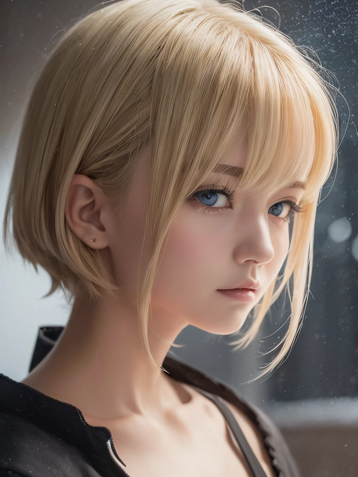 (Oil Painting, masutepiece, Best Quality, ultra-detailliert, Focus on character), short blonde hair, ([Back:0.8]|[ Backward face:1.1]), Serious face, ([Cold Scenario:1.2]|[ snowy background:1.3]| [High contrast:1.1])