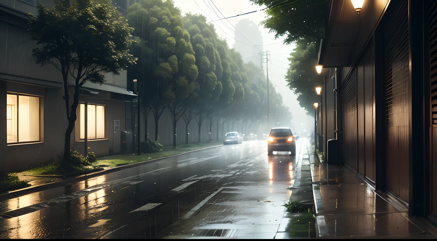 heavy rain on a street with some trees, humid environment, gotas de chuva