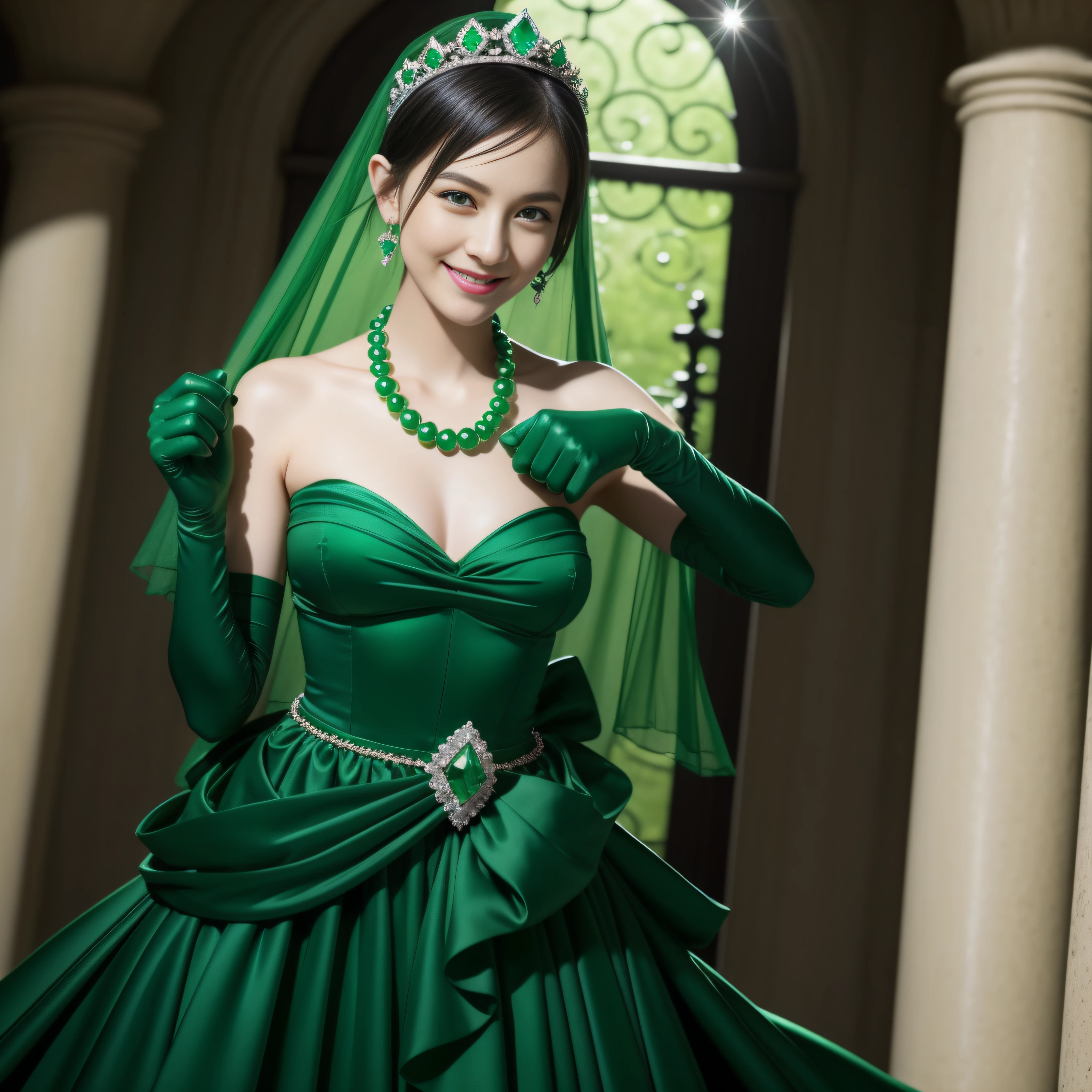 emerald tiara, Green Pearl Necklace, Boyish very short black hair, lipsticks, Japan woman smiling, very short short hair, fist, big breasts beautiful, Green eyes, Long green gloves made of satin material, Green eyes, Emerald Earrings
