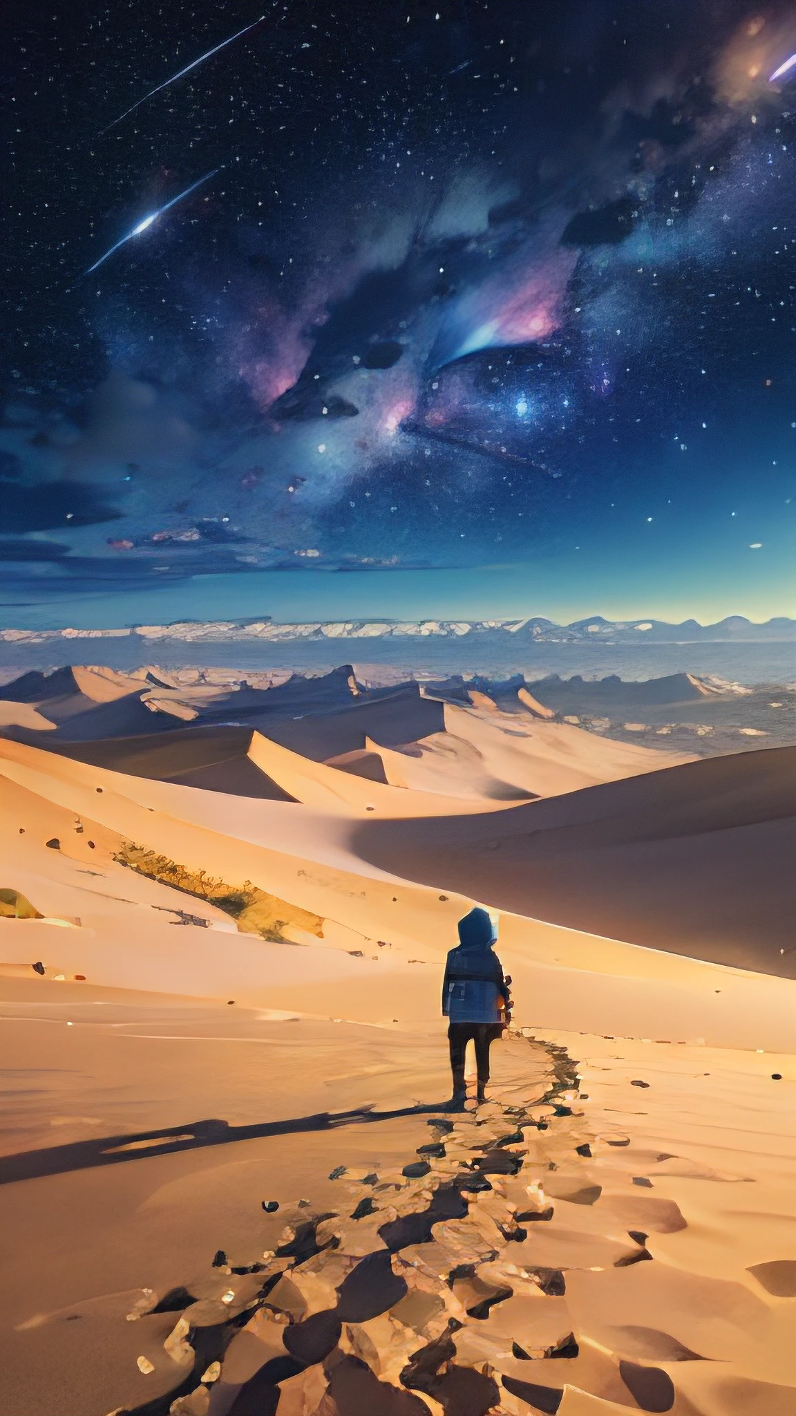 I stood alone in the vast desert，There is a mountain in front of you that divides in two，There is a galaxy overhead，As estrelas，The moonlight shines on the desert