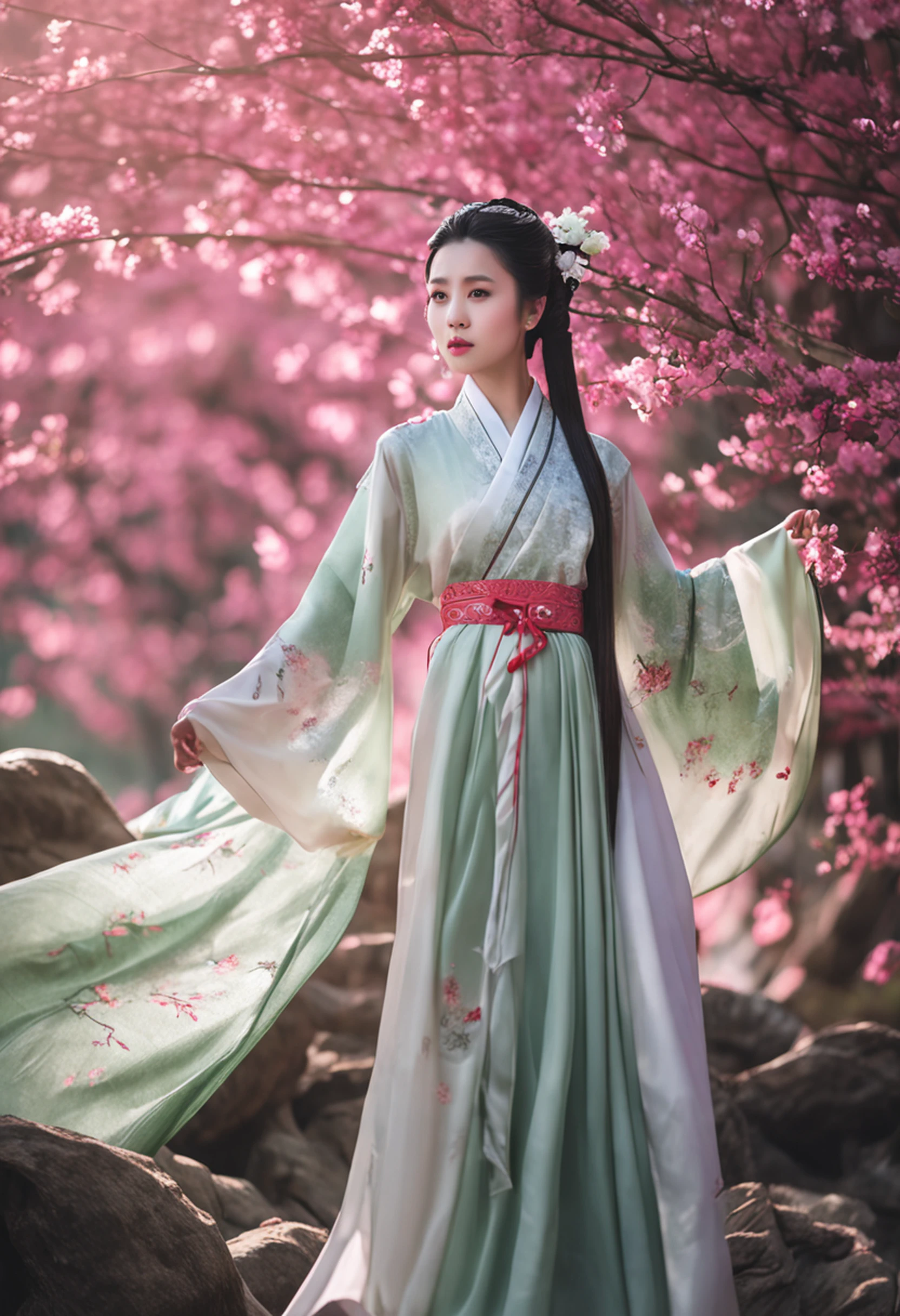 A woman dressed in traditional clothing rides a horse through a bamboo forest, Hanfu, Palace , A girl in Hanfu, White Hanfu, Wuxia, full-body wuxia, Wearing ancient Chinese clothes, xianxia fantasy, with acient chinese clothes, Chinese costume, Anime girl cosplay, Chinese style, Chinese fantasy, Chinese traditional, Traditional Chinese clothing