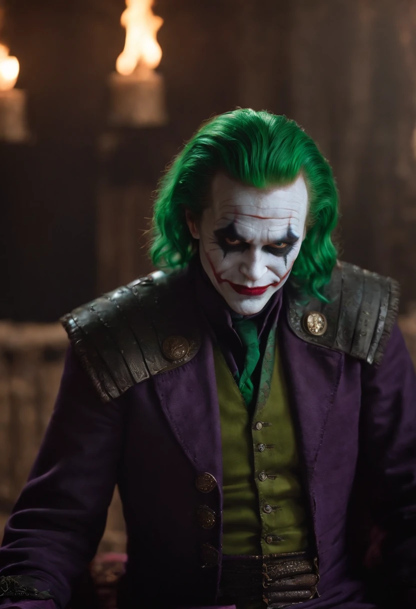 dc comics hq joker makeup green hair with smile devilish laugh eyes on fire neon eyes incandescent clothes typical of indigenous aztec sitting on a medieval throne dark environment dramatic light light from top to bottom 8k cinematic