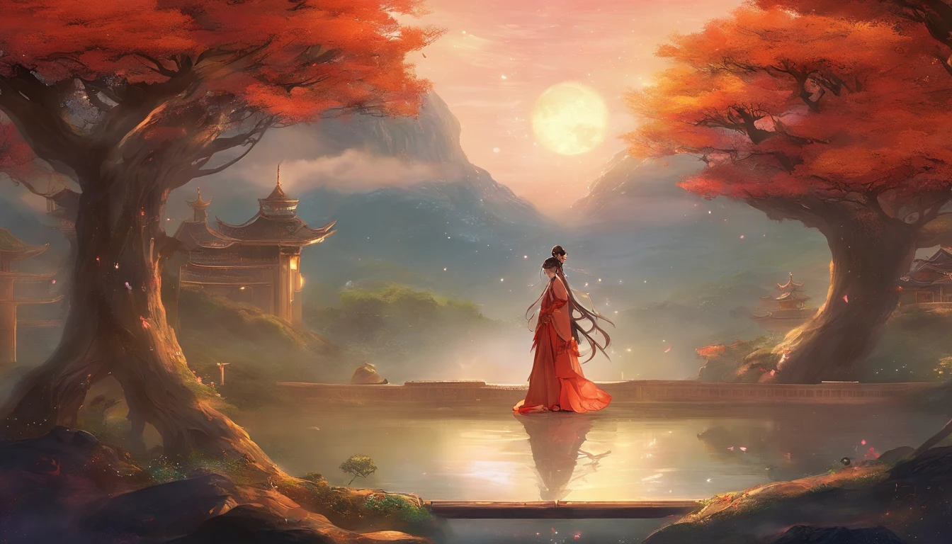 tmasterpiece,ultrahigh-resolution,fotos fotorrealistas,a noite,Retrato de corpo inteiro de uma fada chinesa,rosto delicado,Delicate hair accessories,barefoot,Flutuar no ar,Olhe para a perspectiva,Huge palace,The Milky Way and the Giant Moon,Saia de gaze Hanfu,An Osmanthus tree,Osmanthus tremula,