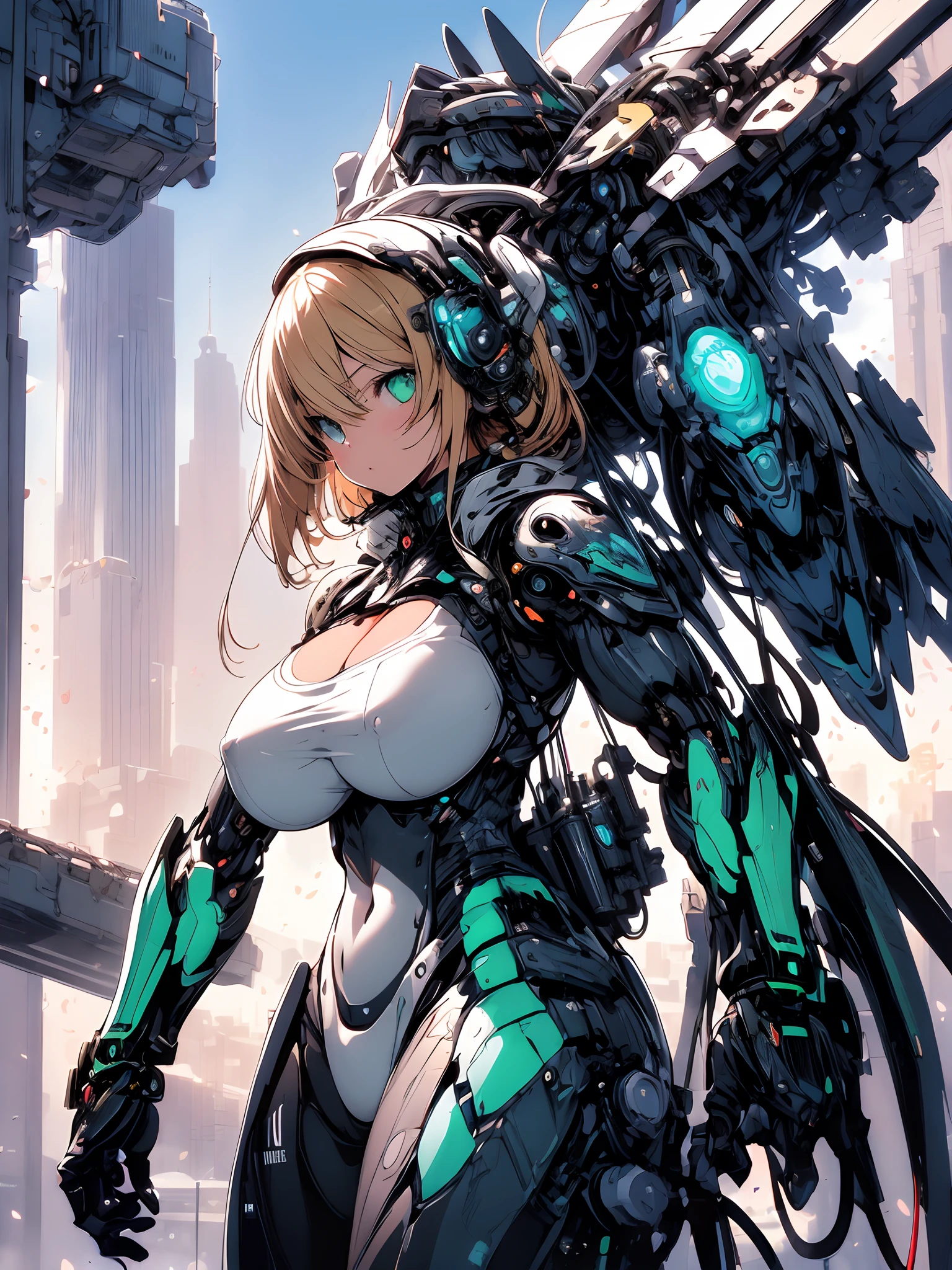 The most beautiful and sexy mecha warrior girl, blonde hair, green eyes, wearing a highly detailed futuristic hooded mecha battle armor, mechanical angel wings, huge enormously gigantic tits, cleavage showing, tons of tattoos and piercings, in hyper futuristic city metropolis, cherry blossoms blowing in the wind, highly detailed background, absurdres, highres, ultra detailed, (cute illustration:1.5), (cute,kawaii,sweet:1.2),
(1girl:1.4), bodysuit, cyborg girl,
hyper gigantic mechanical hands,dynamic pose, 
nice hands, perfect hands, incredibly cinematic, best quality, best resolution