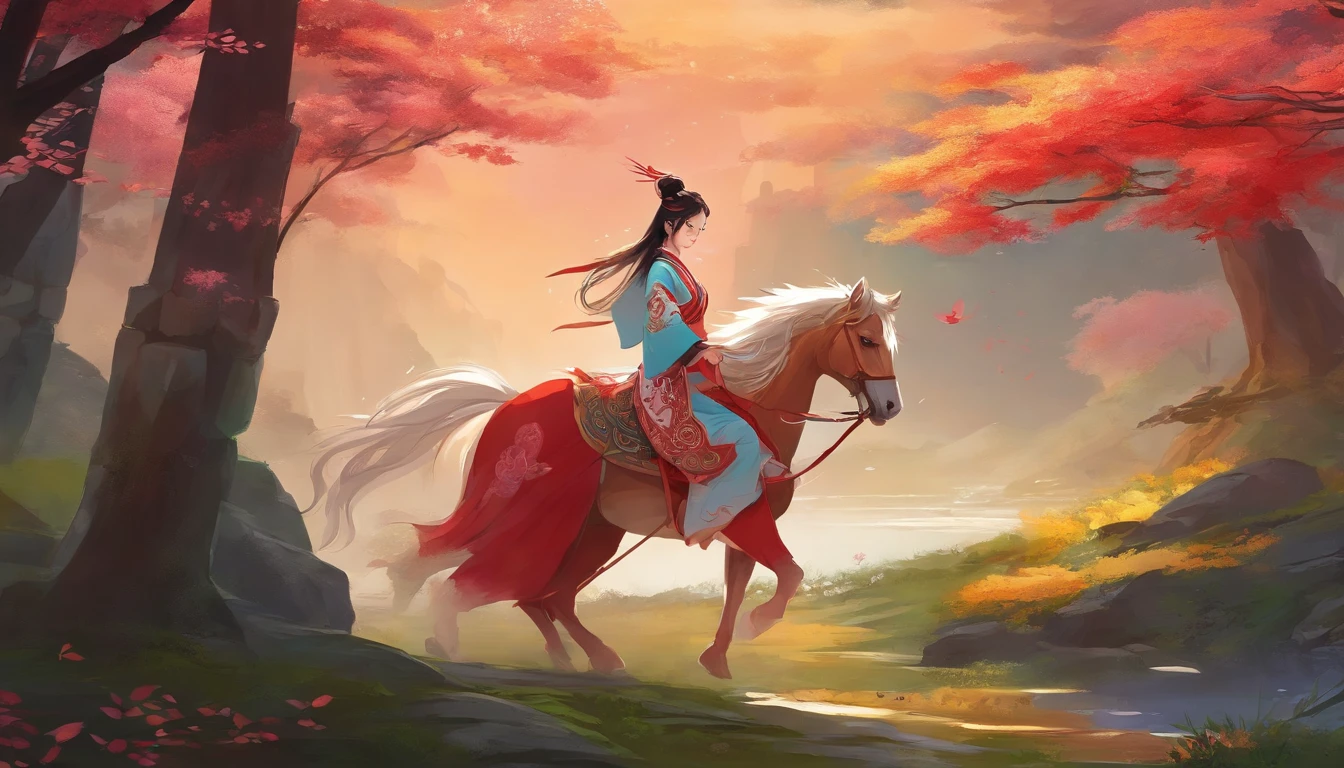 A woman dressed in traditional clothes rides a horse through a bamboo forest, Hanfu, palace ， Uma menina em Hanfu, Hanfu branco, wuxia, wuxia de corpo inteiro, vestindo roupas chinesas antigas, xianxia fantasia, com roupas chinesas acient, Chinese Costume, Anime Garota Cosplay, Chinese style, Fantasia chinesa, traditional chinese, traditional Chinese clothing