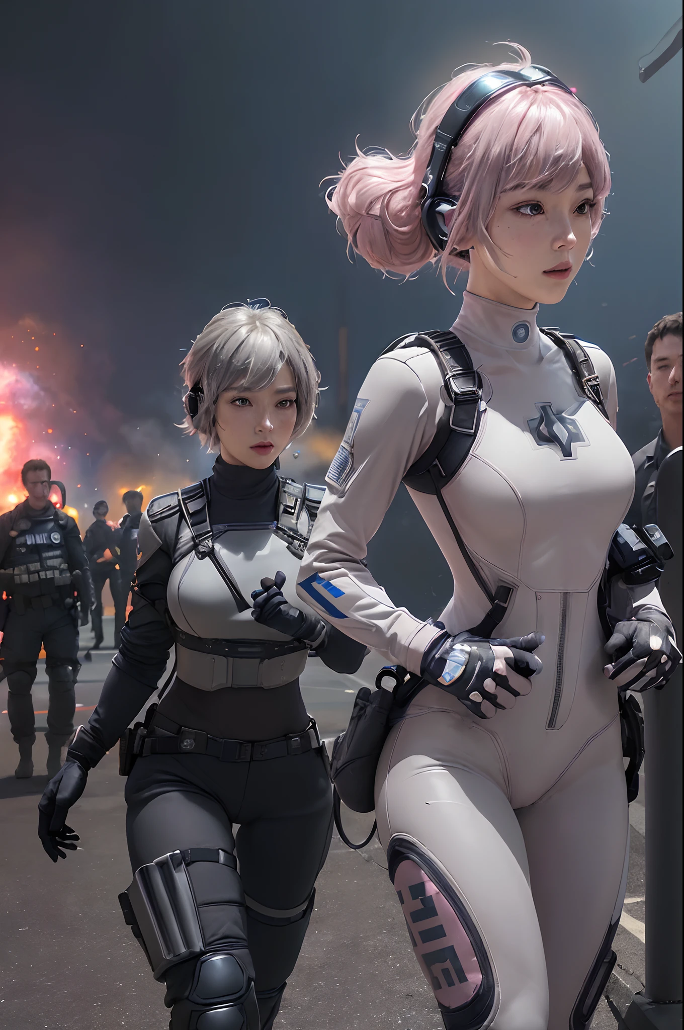 Top Quality, Ultra High Definition, (backlight), (Photorealistic: 1.4), (cowboy shot:1), 1 Beautiful Girl, (Kpop Idol), Detailed Face, (Hair Style: Pink:1, fullbang, shortbob-style:1), Contrapposto, Perfect Anatomy, Smooth Skin, Professional Lighting, ((wearing Futuristic Police Racing Suits, police wappen, High-tech Headset, military harness, racing gloves, handgun)), outside honey bob hairstyle, ("POLICE", Cloths colors based on silver pink grey white black), (background, crashed cars, fire, (Explosion)),