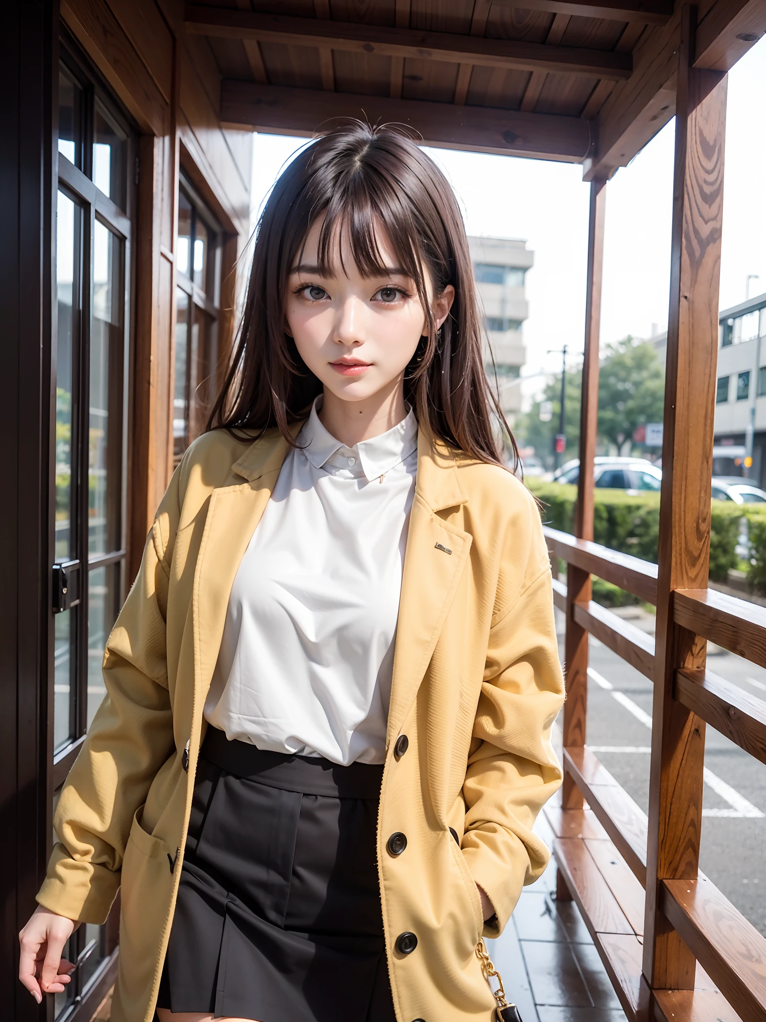 20 years old woman wearing dark brown skirt and white shirt and tan purse, cropped shirt with yellow coat, mature sexy alluring Korean female fashion model, loose coat collar sailor uniform, wearing long flowing clothes, elegant slim white shirts , short wide sleeves, white colored blouse, white trendy clothes, half body photo, slender white thighs, charming pose, white and supple skin, delicate and charming face, beautiful eyes, Inside the city