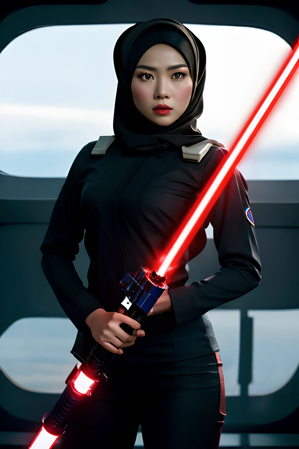 Sexy malay female stormtrooper in hijab holding lightsaber, war scene, wearing barely anything, Star Wars ship setting, highly detailed, 8k