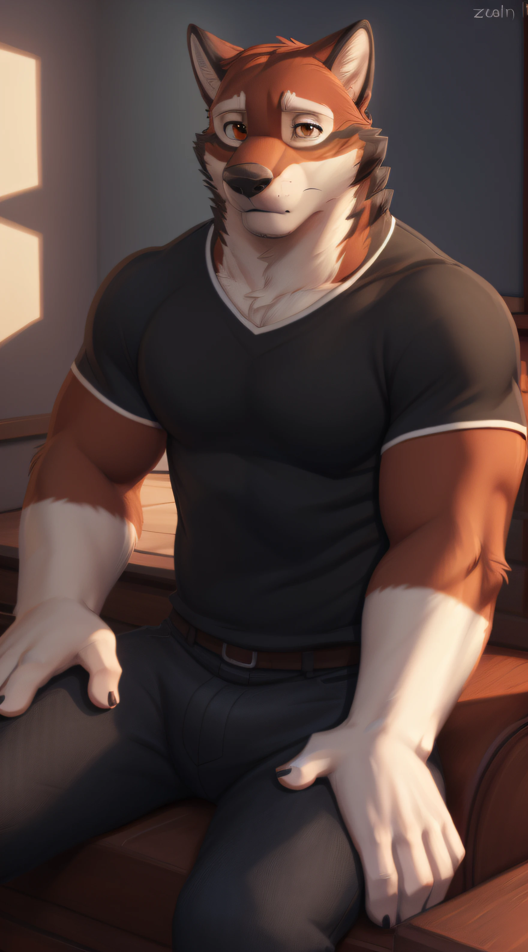 leo alvarez, muscular, bara, wolf tail, (posing:1.3), (soft shading), 4k, hi res, five fingers, detailed hands, ((detailed face, (detailed eyes:1.0), detailed)), by zackarry911, by zaush, (by personalami:0.5), solo, shirt, red eyes, 1boy, sitting, male focus, pants, black shirt, thick eyebrows, snout