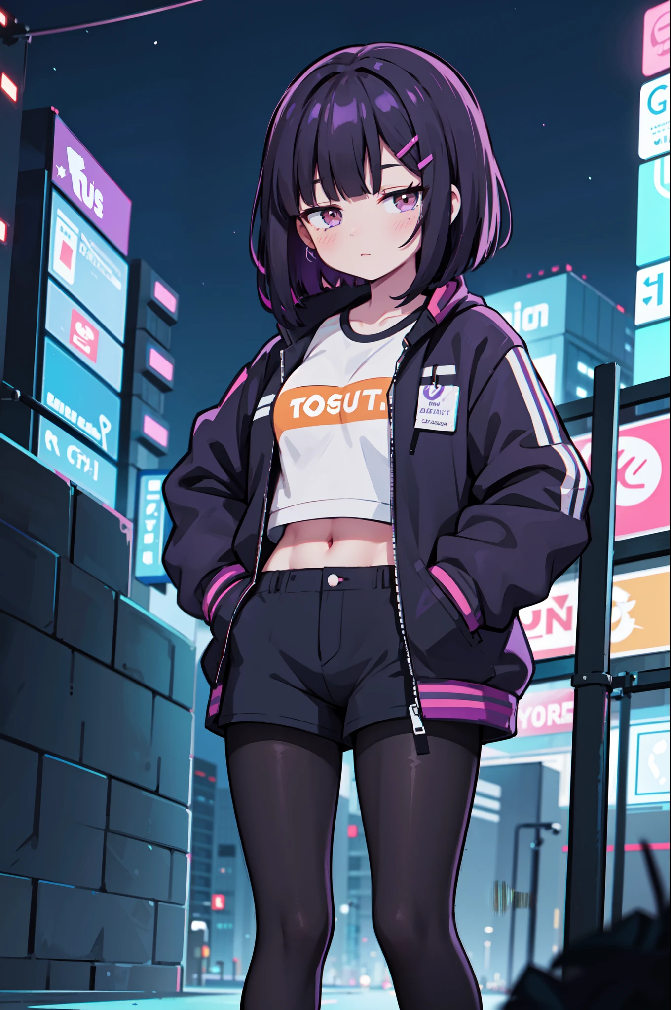 1girl, solo, teen girl, (black hair), (colored inner hair, purple hair), straight hair, bob cut, short hair, assymmetrical sidelocks, bang pinned back, hairclip, brown eyes, calm behaviour, inexpressive, medium breasts, sportswear, sport top, shorts, (pantyhose:1.15), jacket, big jacket, thighs, abs, (hands on pockets), night city, cyberpuk, colorful, beautiful, ((neon lights)), masterpiece, best quality, 4k
