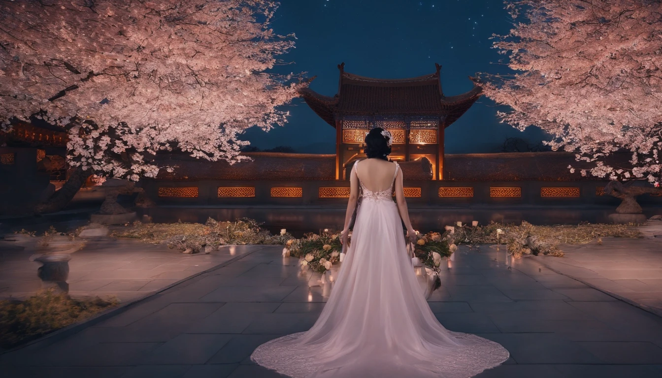 tmasterpiece,ultrahigh-resolution,fotos fotorrealistas,a noite,Retrato de corpo inteiro de uma fada chinesa,rosto delicado,Delicate hair accessories,barefoot,Flutuar no ar,Olhe para a perspectiva,Huge palace,The Milky Way and the Giant Moon,Saia de gaze Hanfu,An Osmanthus tree,Osmanthus tremula,