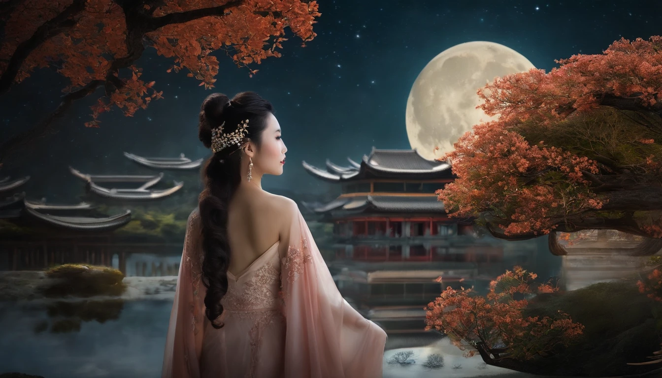 tmasterpiece,ultrahigh-resolution,fotos fotorrealistas,a noite,Retrato de corpo inteiro de uma fada chinesa,rosto delicado,Delicate hair accessories,barefoot,Flutuar no ar,Olhe para a perspectiva,Huge palace,The Milky Way and the Giant Moon,Saia de gaze Hanfu,An Osmanthus tree,Osmanthus tremula,