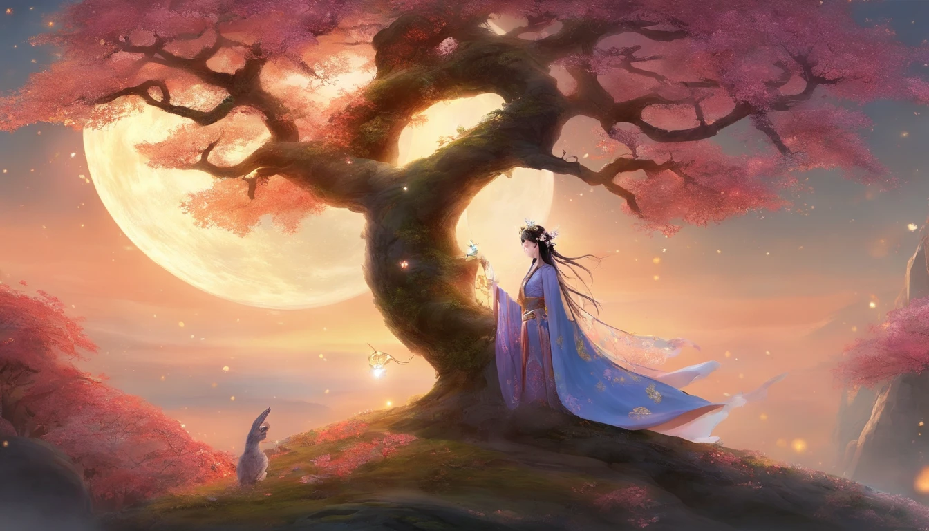 tmasterpiece,ultrahigh-resolution,fotos fotorrealistas,a noite,Retrato de corpo inteiro de uma fada chinesa,rosto delicado,Delicate hair accessories,barefoot,Flutuar no ar,Olhe para a perspectiva,Huge palace,The Milky Way and the Giant Moon,Saia de gaze Hanfu,An Osmanthus tree,Osmanthus tremula,