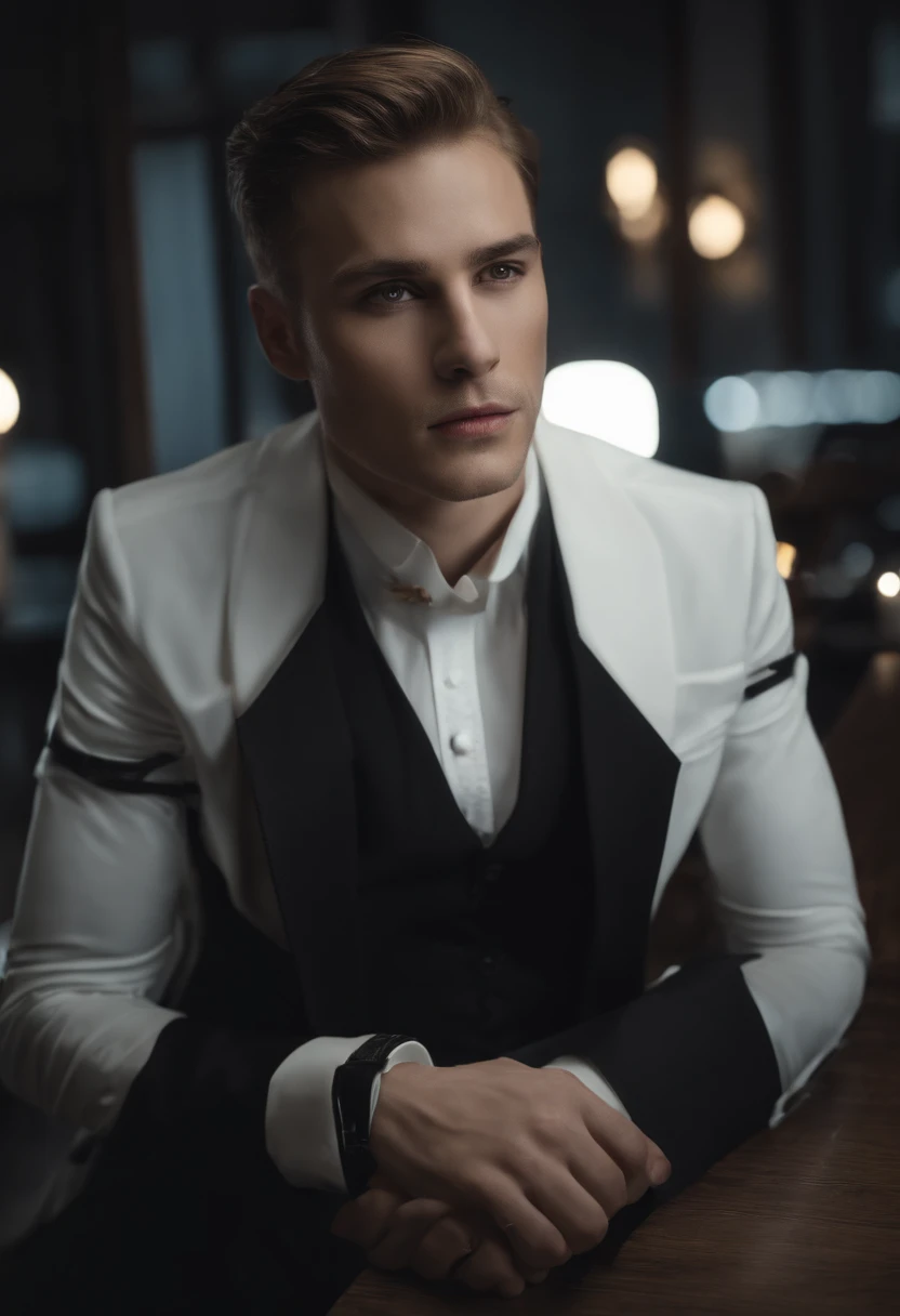 Absurd resolution, high resolution, (Meisterwerk: 1.4), Hyperdetail, 1Junge, Gesichtsfokus, Nacht, reifer mann, Erfolgreiche Person, Schwarzer Anzug, Jacke, white shirt, ernster und kalter Gesichtsausdruck, Sitzen in einem Luxusauto (1.3),