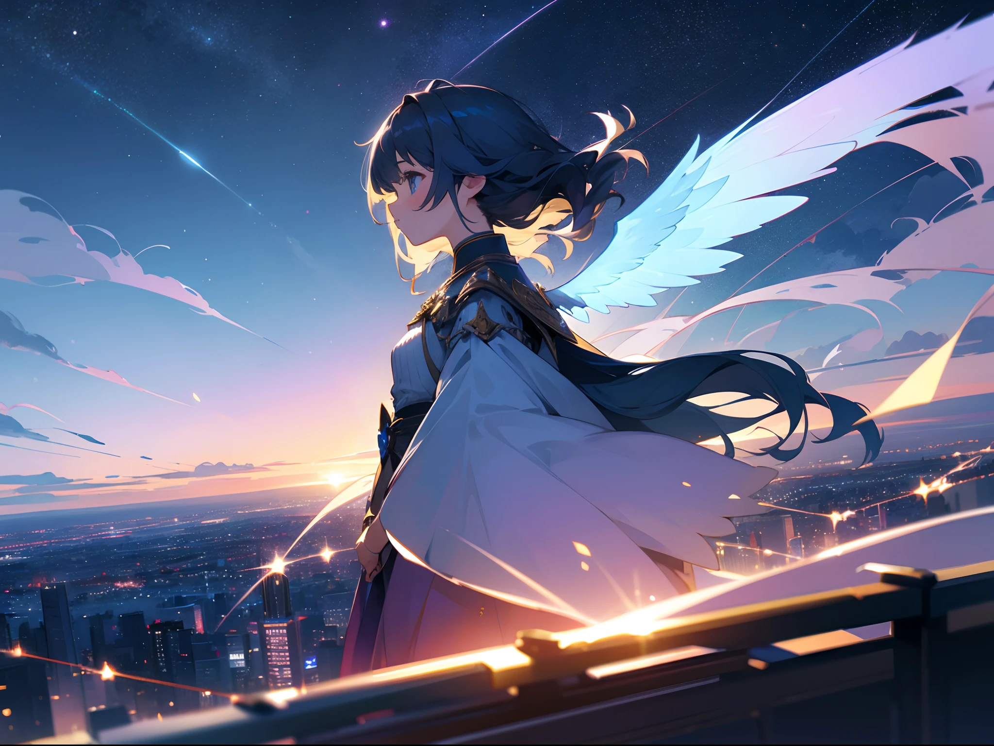 Night view of the city with starry sky and clouds、Fantastical、、Girl in profile with fluttering bob hair、high-level image quality、bustup、Blurred background、angelicales