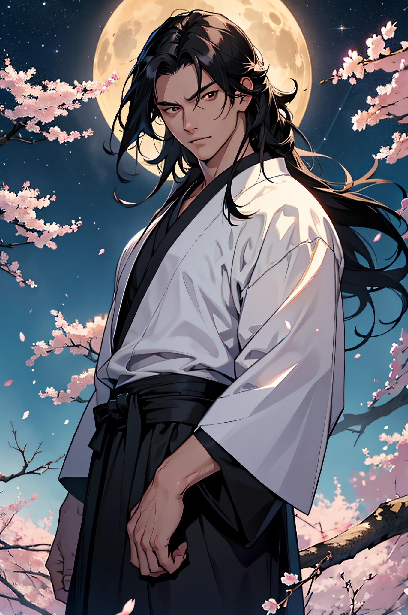 (masterpiece), best quality, ultra-high resolution, ((one man)), male, elegant, japanese God, Tsukuyomi, expressive eyes, perfect face, half body, looking at viewer, dutch angle, cowboy shot, (long black hair), (golden eye color), handsome, night time, crescent moon, japanese clothing, black blue kimono, cherry blossoms, dynamic light, beautiful colors, milky way, hd