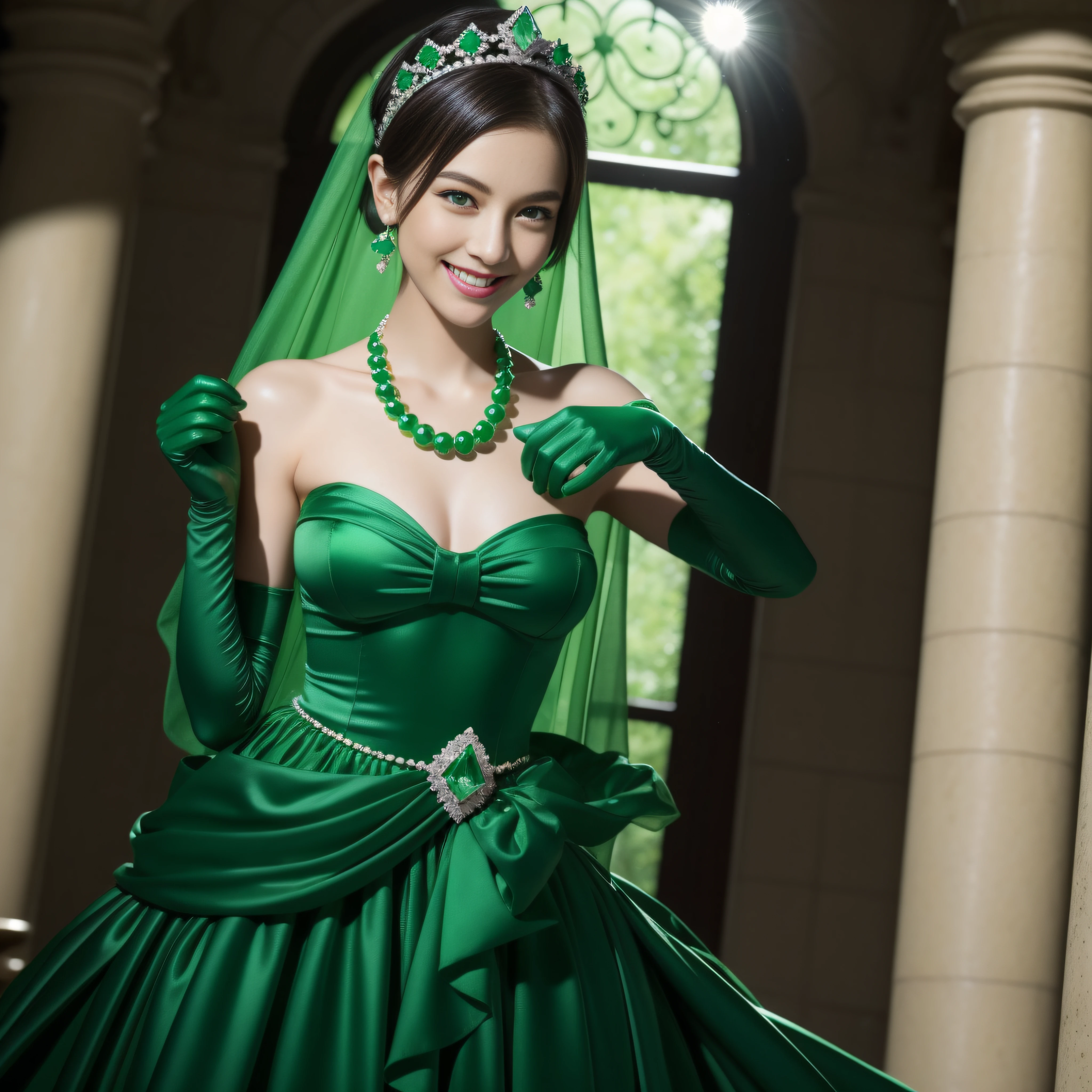 emerald tiara, Green Pearl Necklace, Boyish very short green hair, lipsticks, Japan woman smiling, very short short hair, big breasts beautiful, Green eyes, Long green gloves made of satin material, Green eyes, Emerald Earrings, Green dress