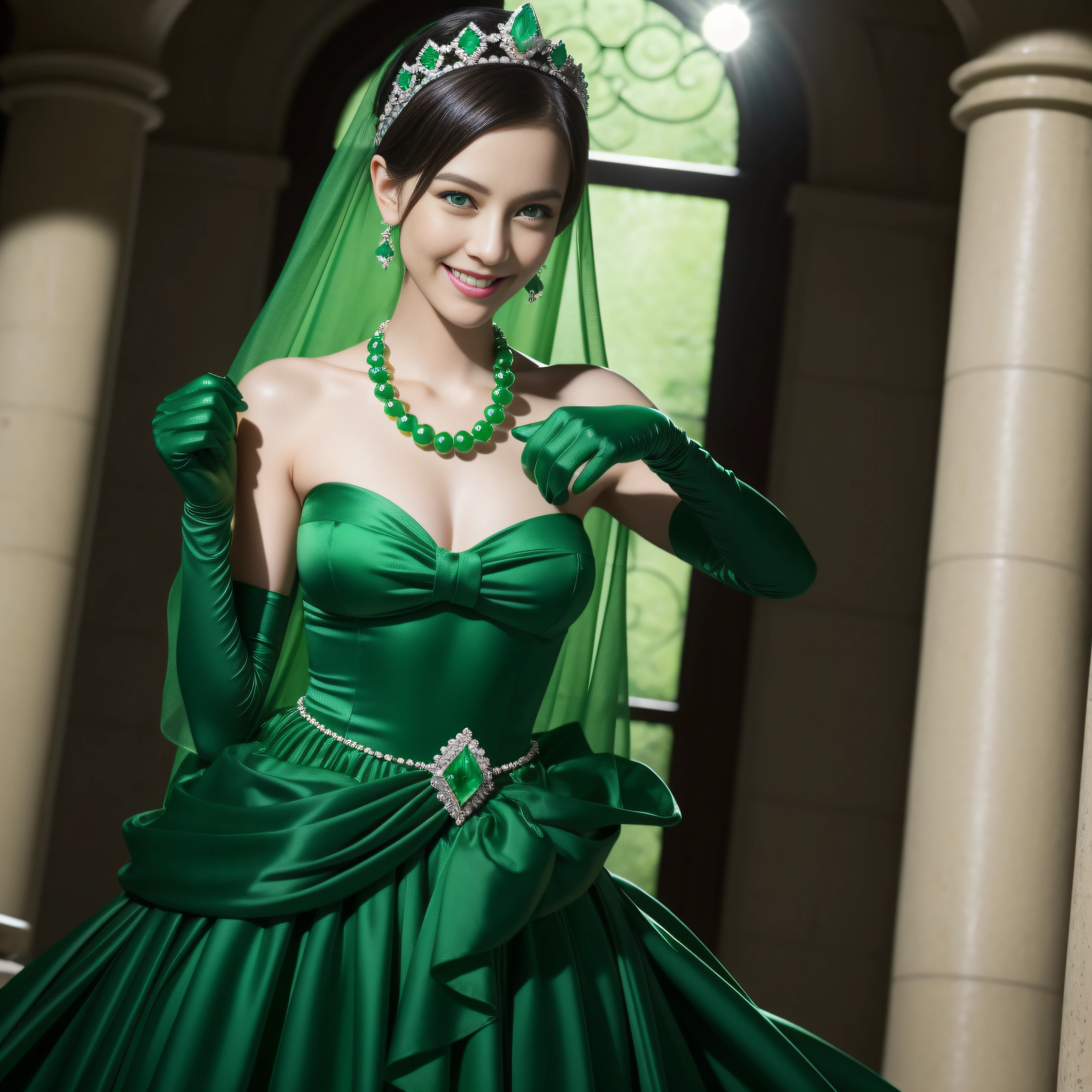 emerald tiara, Green Pearl Necklace, Boyish very short green hair, lipsticks, Japan woman smiling, very short short hair, big breasts beautiful, Green eyes, Long green gloves made of satin material, Green eyes, Emerald Earrings, Green dress