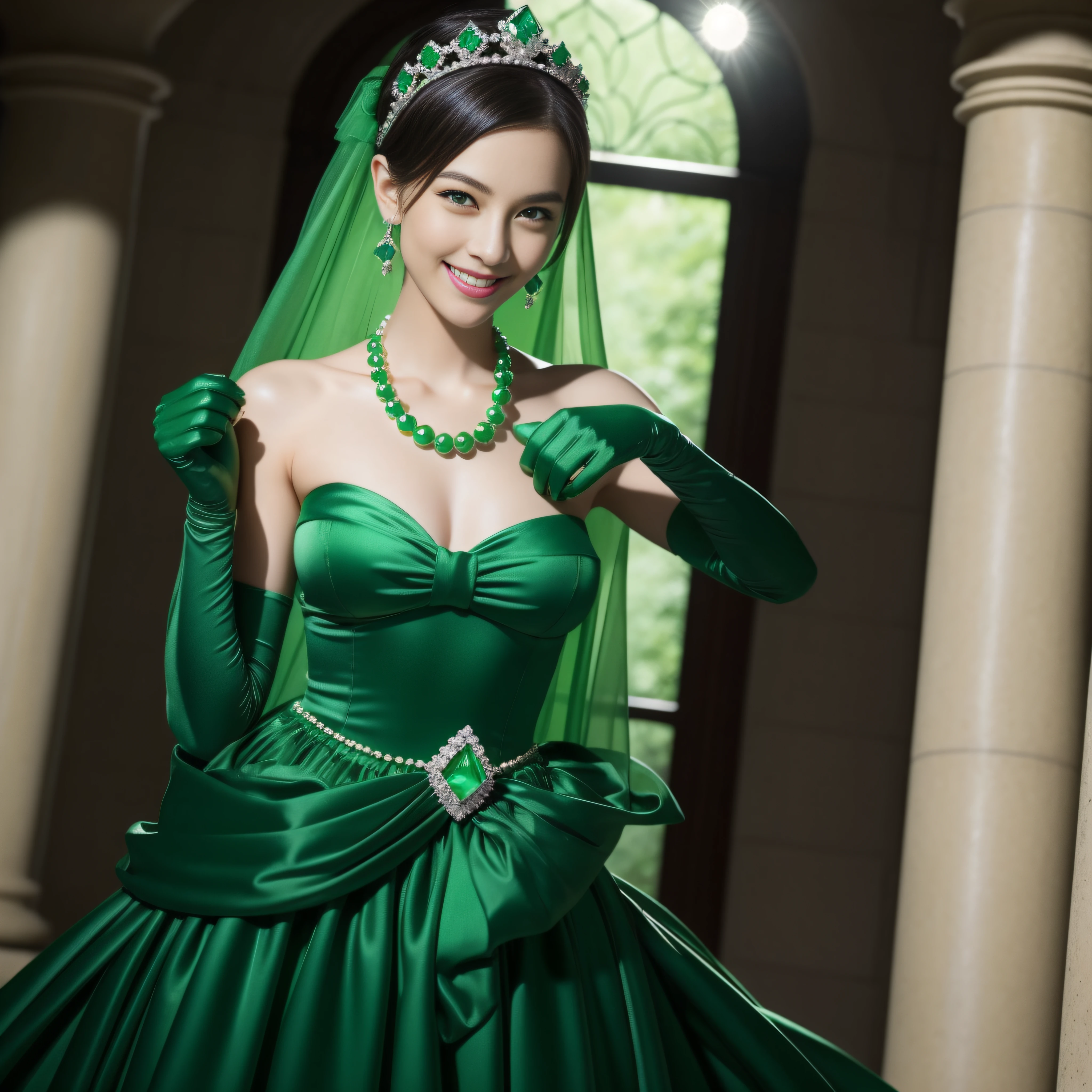 emerald tiara, Green Pearl Necklace, Boyish very short green hair, lipsticks, Japan woman smiling, very short short hair, big breasts beautiful, Green eyes, Long green gloves made of satin material, Green eyes, Emerald Earrings, Green dress