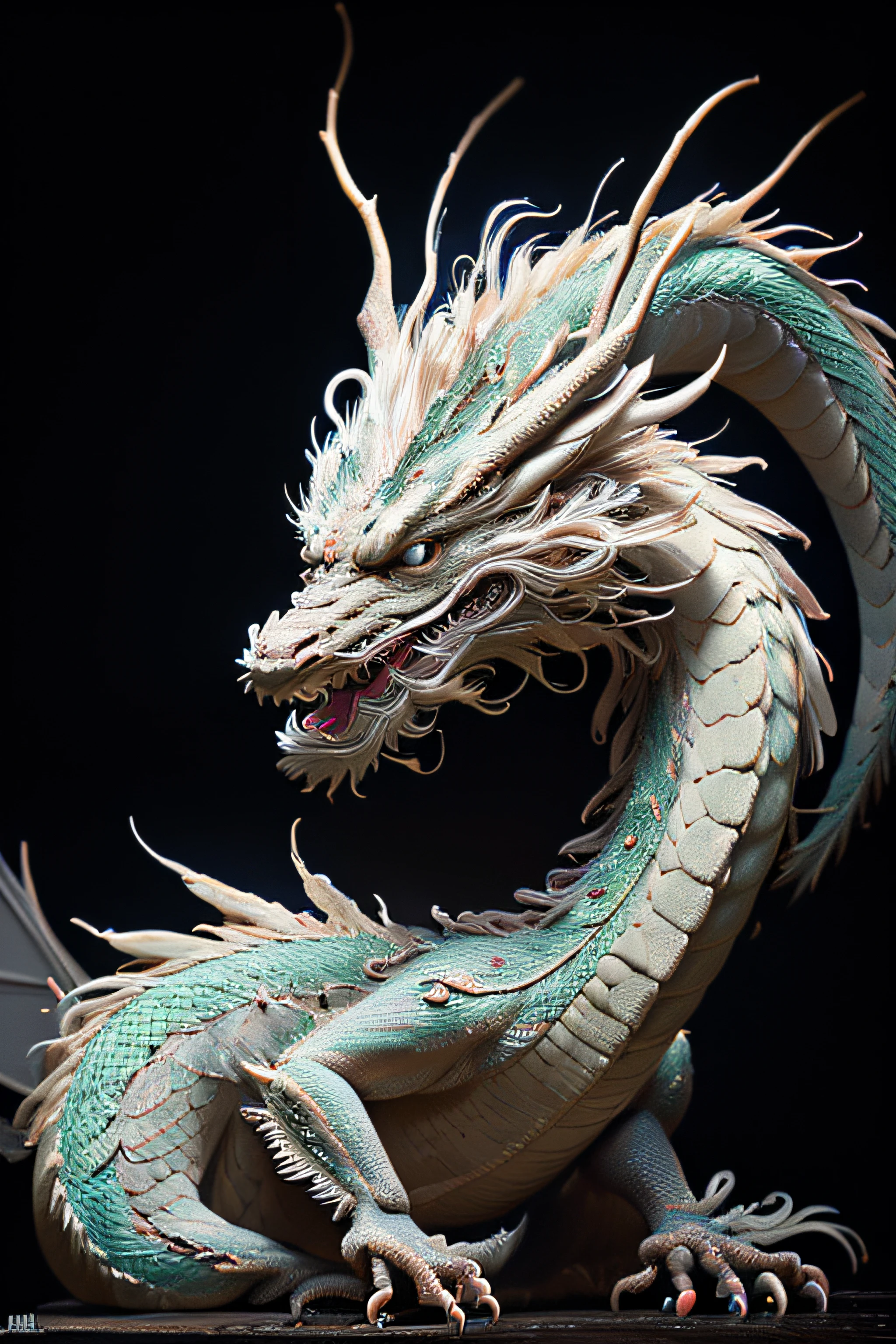 (masterpiece:1.2), ultra detailed, ultra high res, (realistic, photo realistic:1.37), high detail RAW color photo, professional photograph, an extremely delicate and beautiful, extremely detailed, finely detail, huge file size, black background, (long, dragon:1.3), wide shot, looking at viewer,