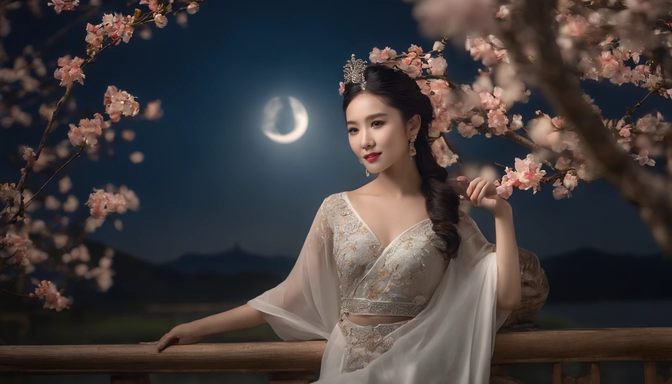 tmasterpiece，ultrahigh-resolution，fotos fotorrealistas，a noite，Retrato de corpo inteiro de uma fada chinesa，rosto delicado，Delicate hair accessories，barefoot，Flutuar no ar，Olhe para a perspectiva，Huge palace，The Milky Way and the Giant Moon，Saia de gaze Hanfu，An Osmanthus tree，Osmanthus tremula，