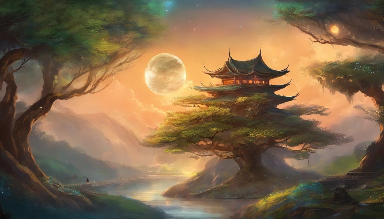 tmasterpiece,ultrahigh-resolution,fotos fotorrealistas,a noite,Retrato de corpo inteiro de uma fada chinesa,rosto delicado,Delicate hair accessories,barefoot,Flutuar no ar,Olhe para a perspectiva,Huge palace,The Milky Way and the Giant Moon,Saia de gaze Hanfu,An Osmanthus tree,Osmanthus tremula,
