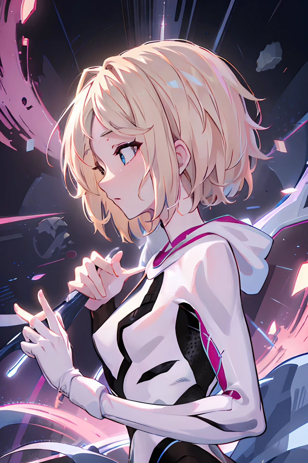 Illustration, UHD, retina, masterpiece, accurate, anatomically correct, super detail, high details, high quality, award winning, best quality, highres, good anatomy, 1080P, HD, 4K, 8k, 16k, 1girl, dynamic pose, androgynous, upper body potrait, detailed eyes, detailed clothes, detailed hair, rendering, 5 fingers, Nice legs, potrait, Aidalro, cute waifu, running, side profile, side view, gwen stacy