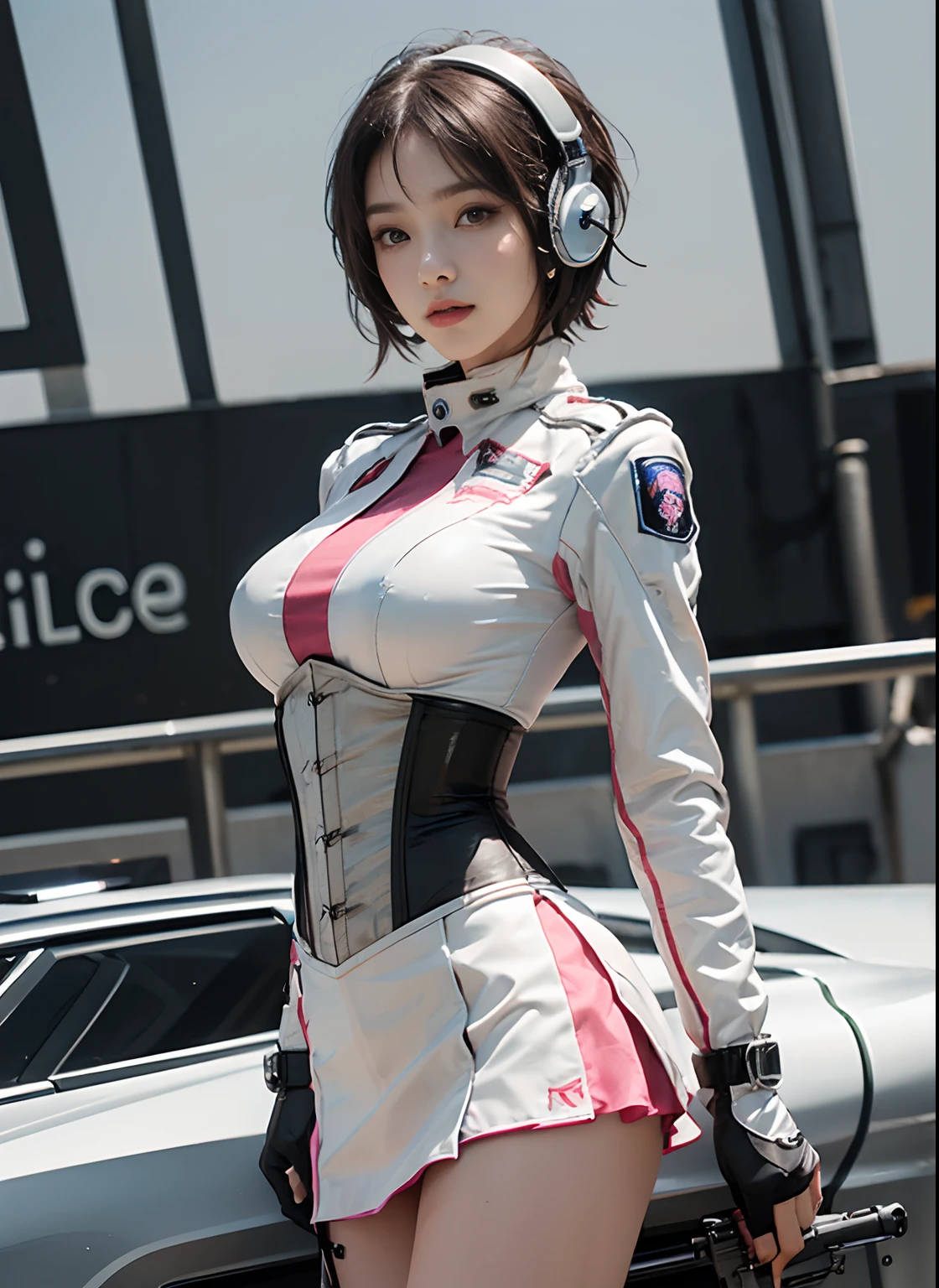 (Top Quality, Ultra High Definition, Photorealistic: 1.4), (cowboy shot:1), 1 Beautiful Girl, (Kpop Idol), Detailed Face, (Hair Style: Pink:1, fullbang, shortbob-style:1), Contrapposto, Perfect Anatomy, Smooth Skin, Professional Lighting, (wear color white black silver),((wearing Futuristic Police Racing Suits, low-mini-skirt, police wappen, High-tech Headset, military gun-corset, racing gloves, machinegun)), (Cloths colors based on pink silver white black), (background, backstrage),