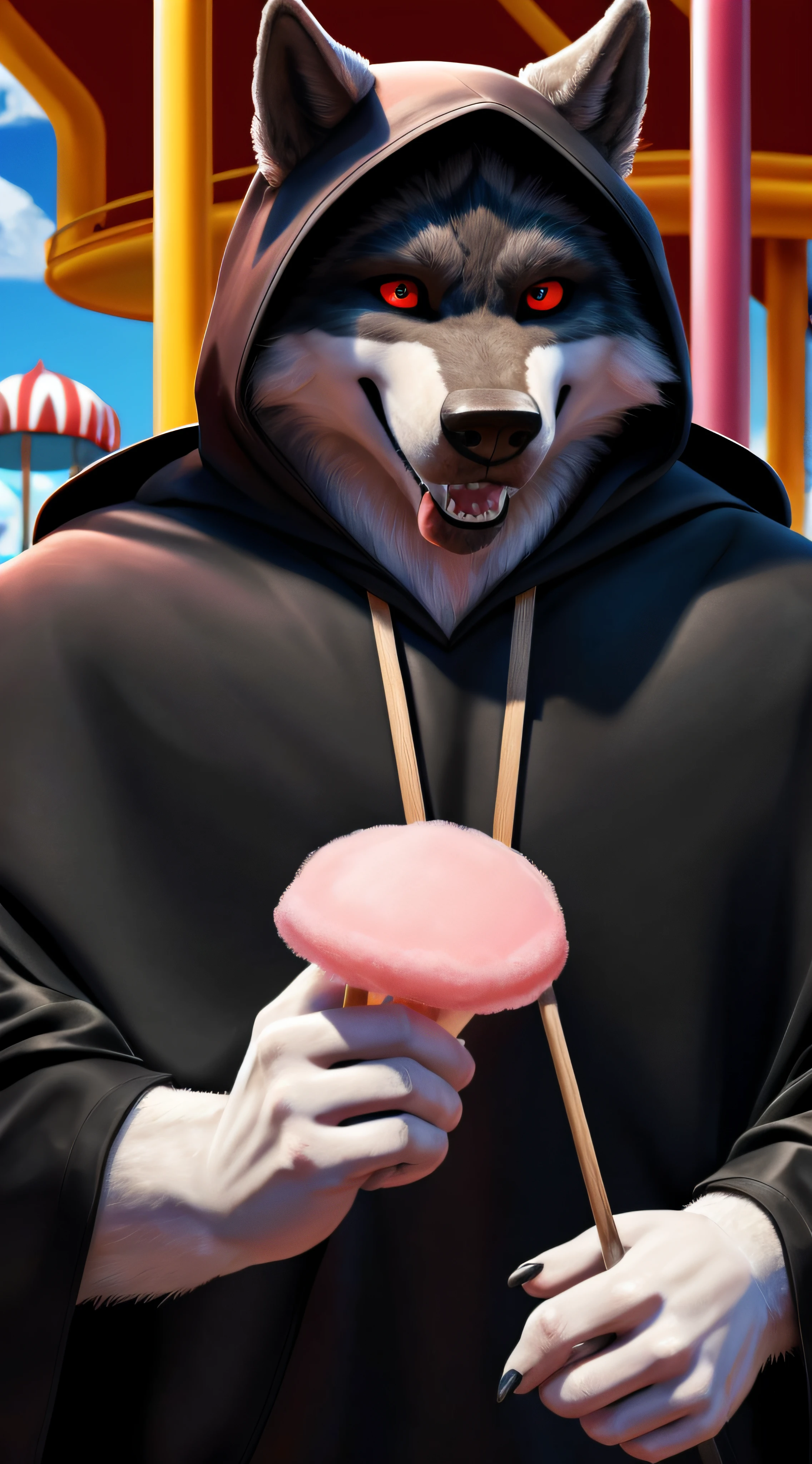 (best quality,ultra-detailed,highres,masterpiece:1.2), ultra realistic death wolf, amusement park, cotton candy, red eyes, black hood cape, white fur, alone, eating, viewer